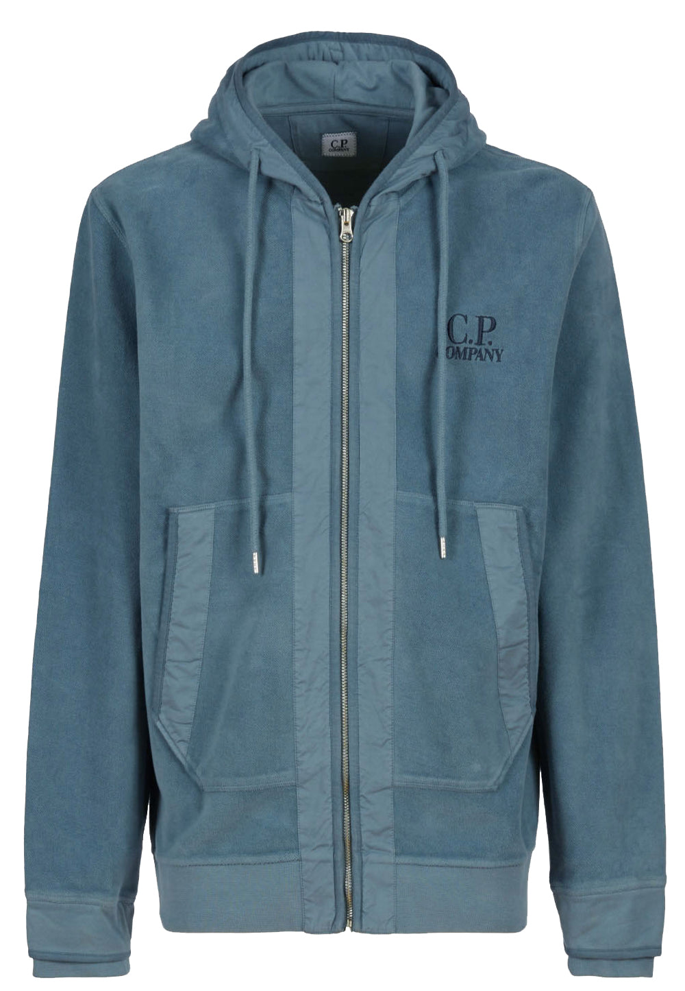 C.P. COMPANY Reverse Brushed & Emerized Diag. Fleece Zipped Hoodie Blue - MAISONDEFASHION.COM