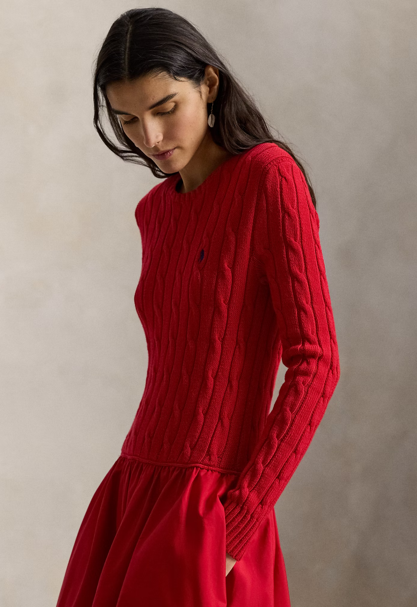 lauren ralph lauren red dress RALPH LAUREN WOMENS Cable-Knit Bodice Cotton Dress Red – MAISONDEFASHION.COM