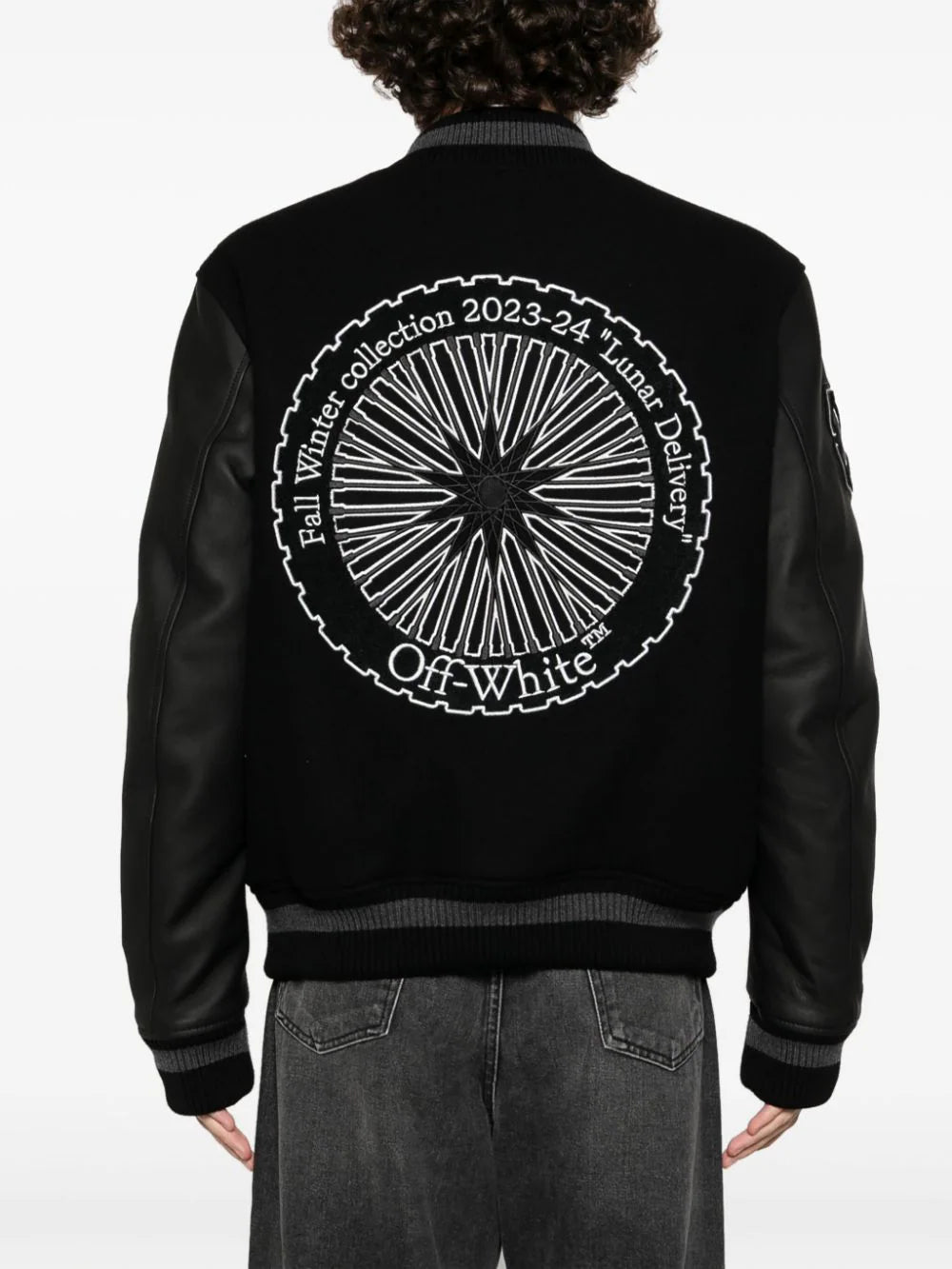 OFF-WHITE MEN Tyre Moon Varsity Jacket Black/Black - MAISONDEFASHION.COM