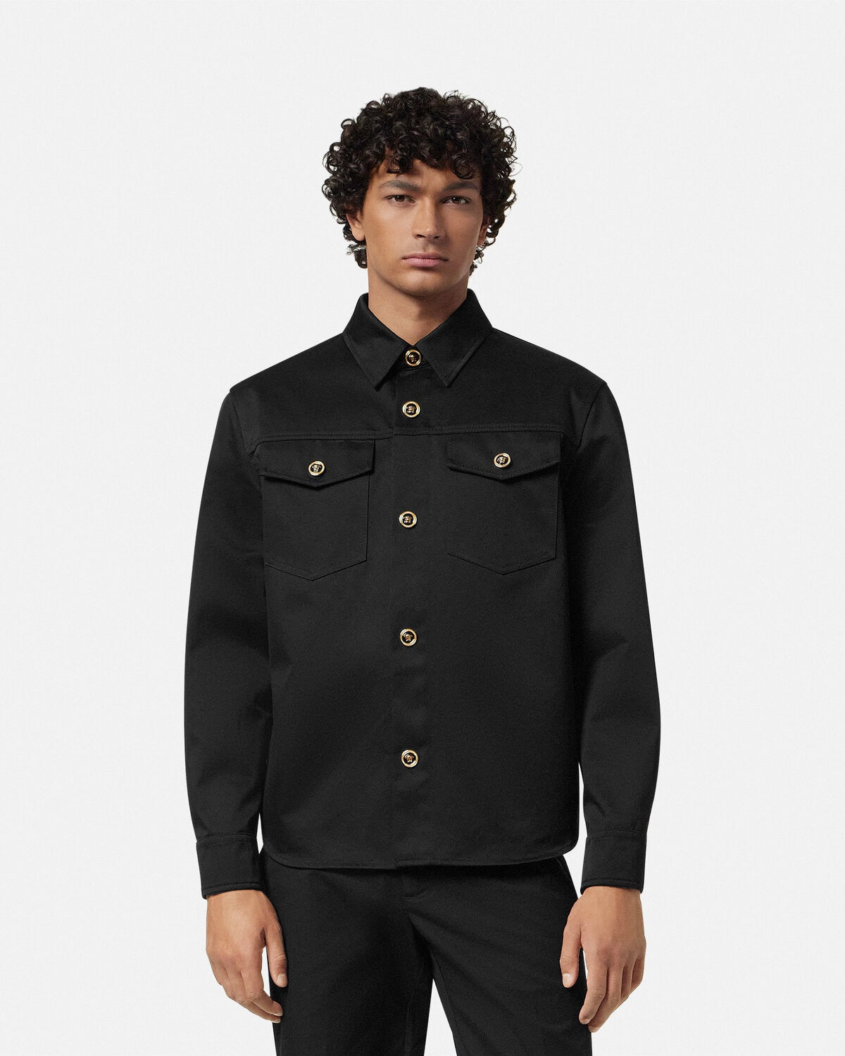 VERSACE Logo Button Up Shirt Jacket Black - MAISONDEFASHION.COM