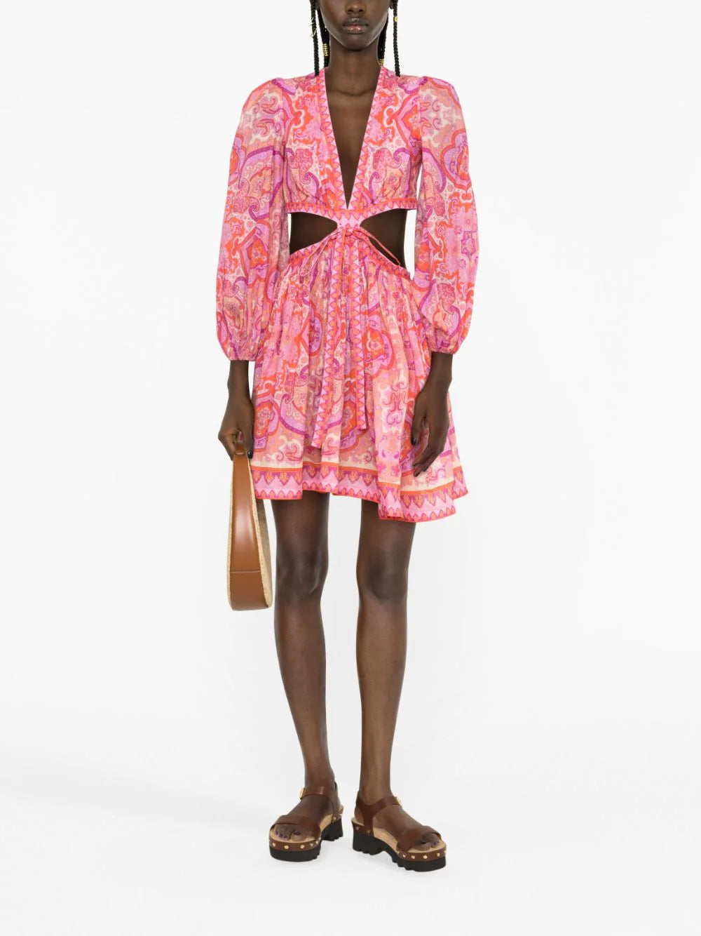 ZIMMERMANN WOMEN Halcyon Tie Front Mini Dress Pink/Multicolour - MAISONDEFASHION.COM