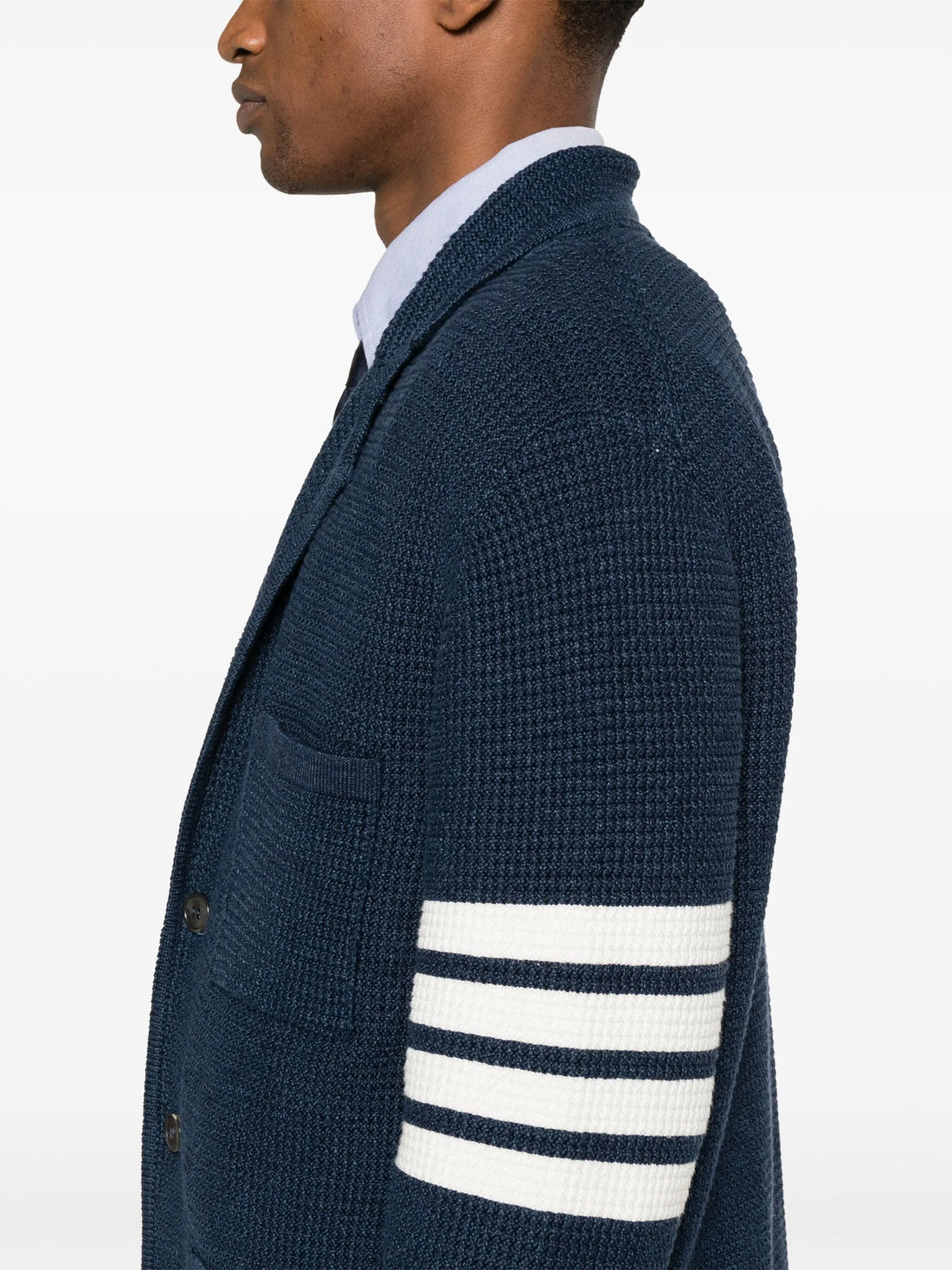 THOM BROWNE Notched Lapel 3 Stripe Cardigan Navy