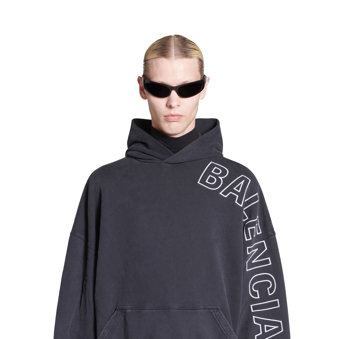 BALENCIAGA Outline Logo Hoodie Washed Black - MAISONDEFASHION.COM