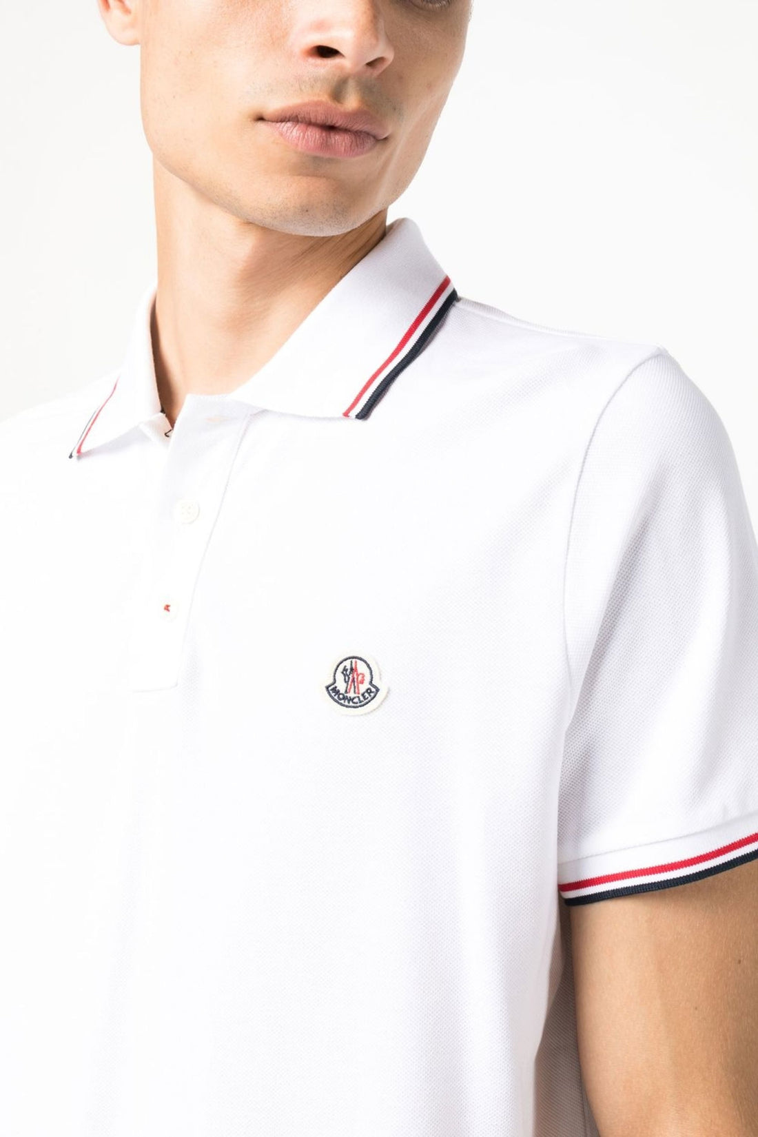 MONCLER Logo Patch Short Sleeve Cotton Polo Shirt White