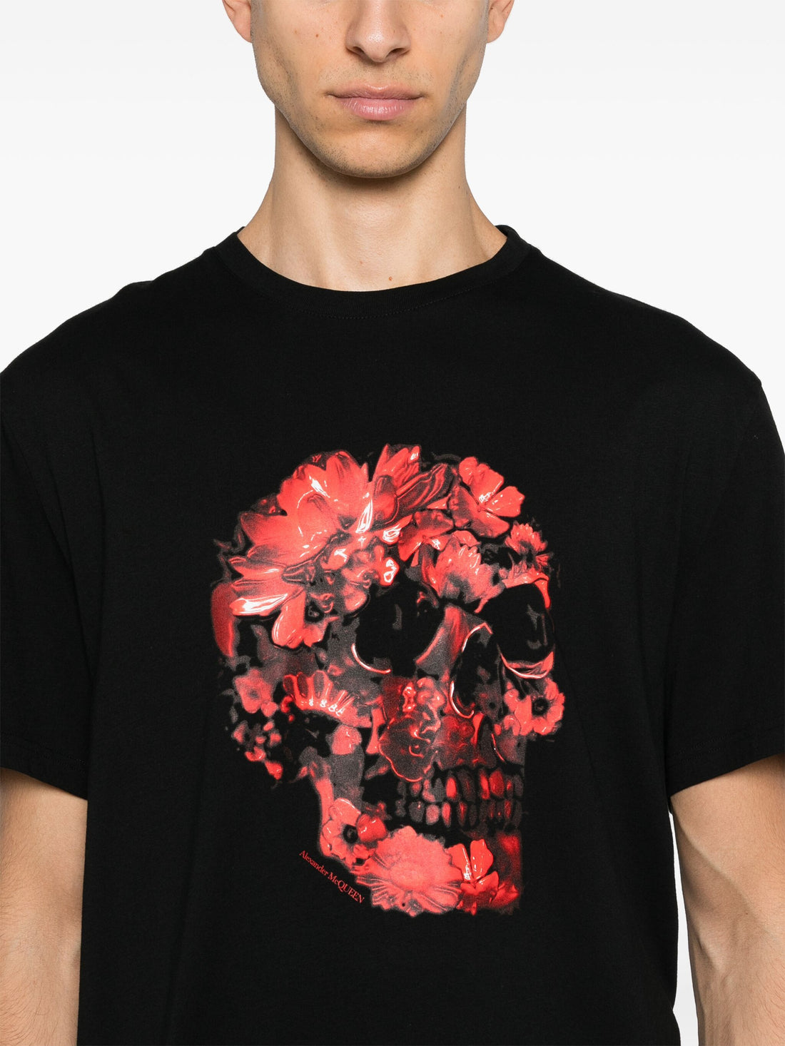 ALEXANDER MCQUEEN Floral Skull Print Cotton T-Shirt Black/Red