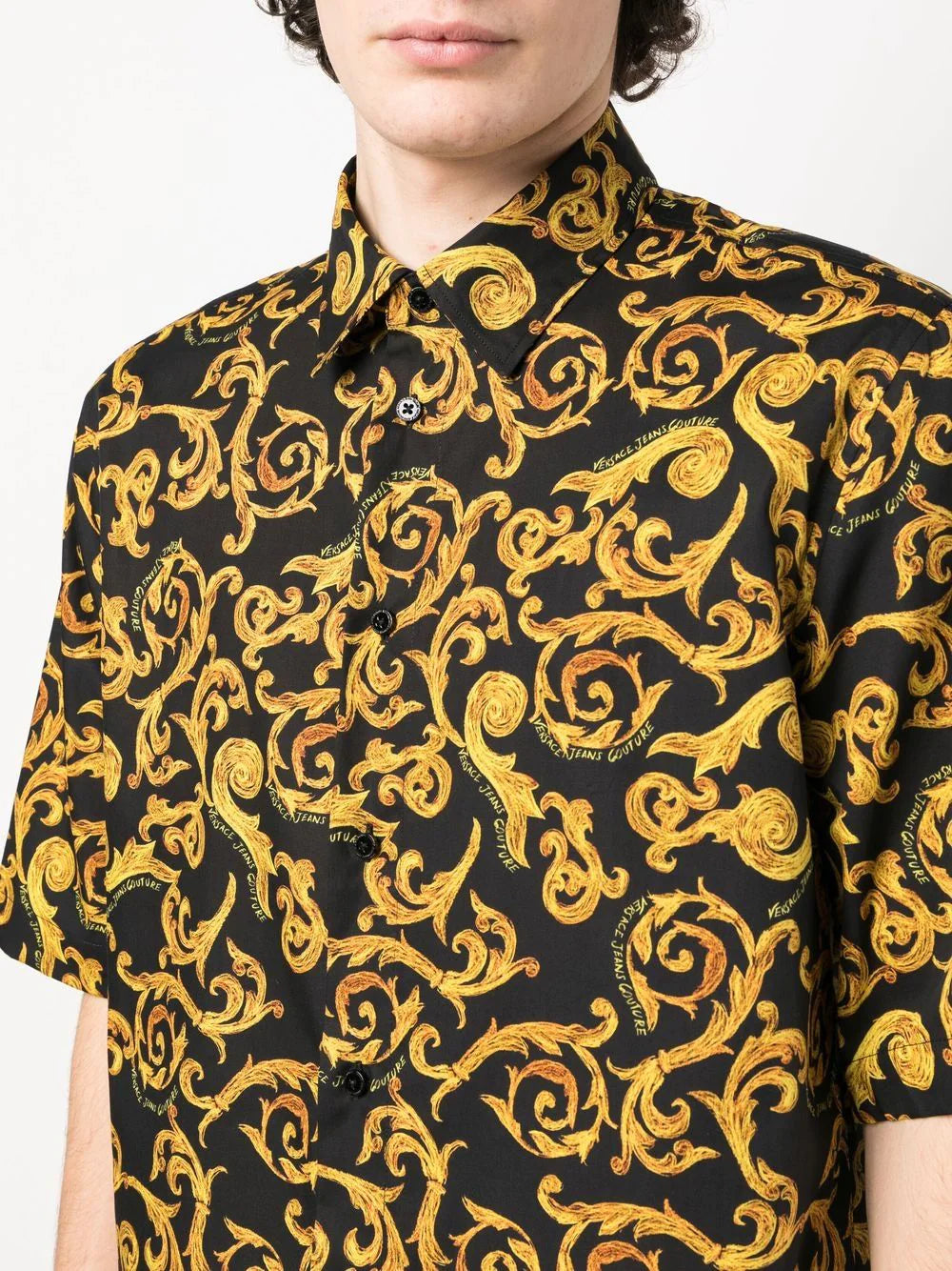 VERSACE MEN Baroque Pattern Print Cotton Shirt Black/Gold - MAISONDEFASHION.COM