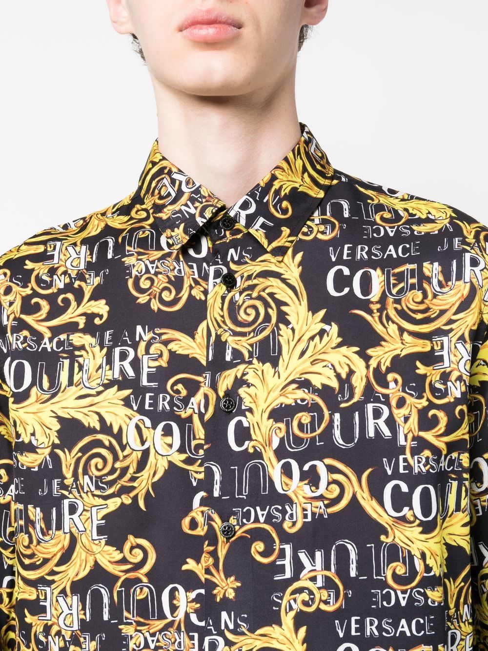 VERSACE MEN Baroque Logo Pattern Print Cotton Long Sleeve Shirt Black/Gold - MAISONDEFASHION.COM