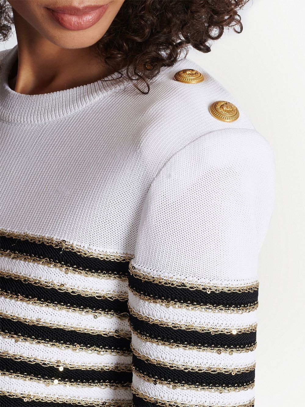 BALMAIN WOMEN 3BTN Striped Knit Top White/Black - MAISONDEFASHION.COM
