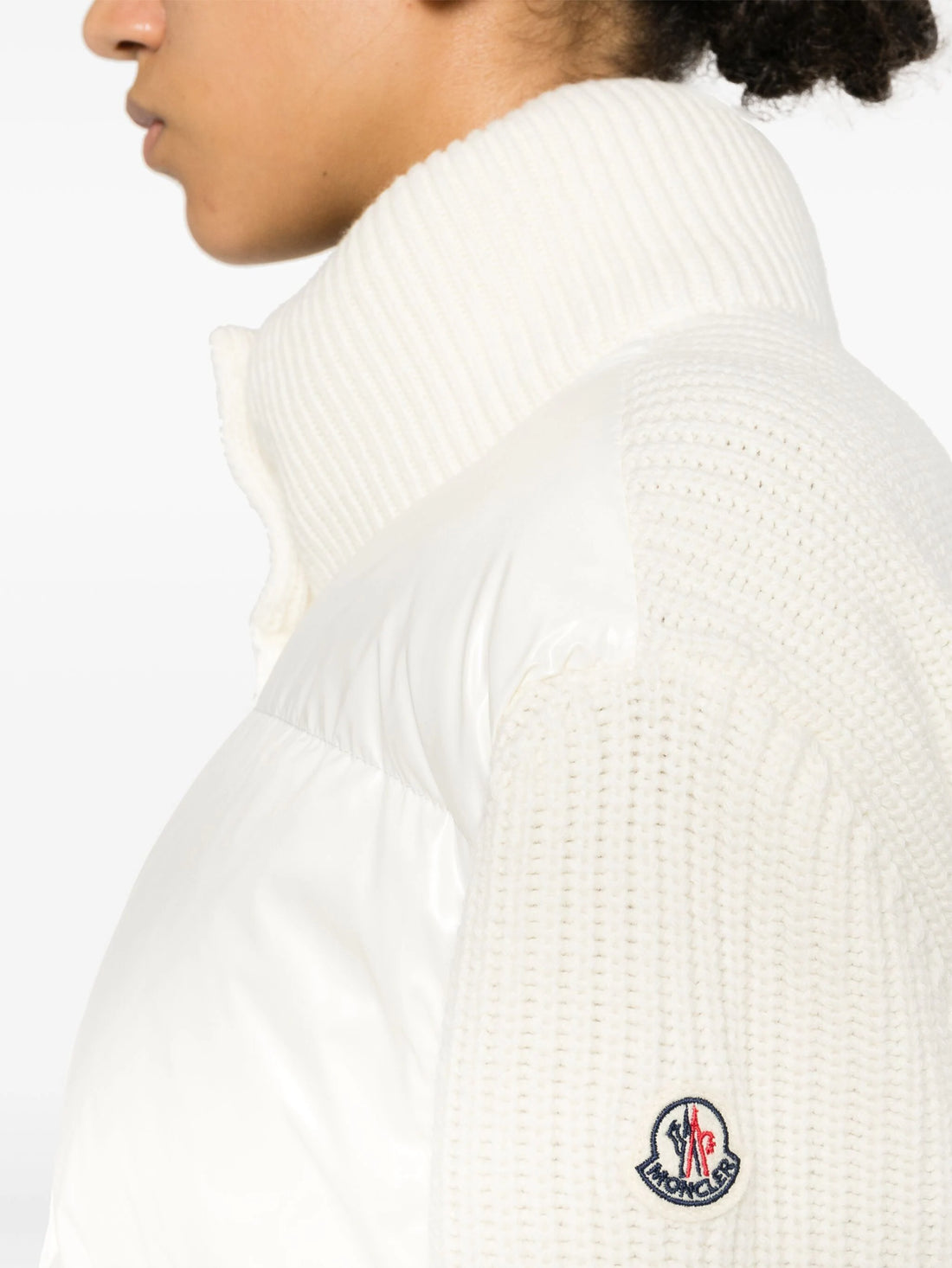 MONCLER WOMEN Logo Patch Padded Wool Cardigan Jacket White - MAISONDEFASHION.COM