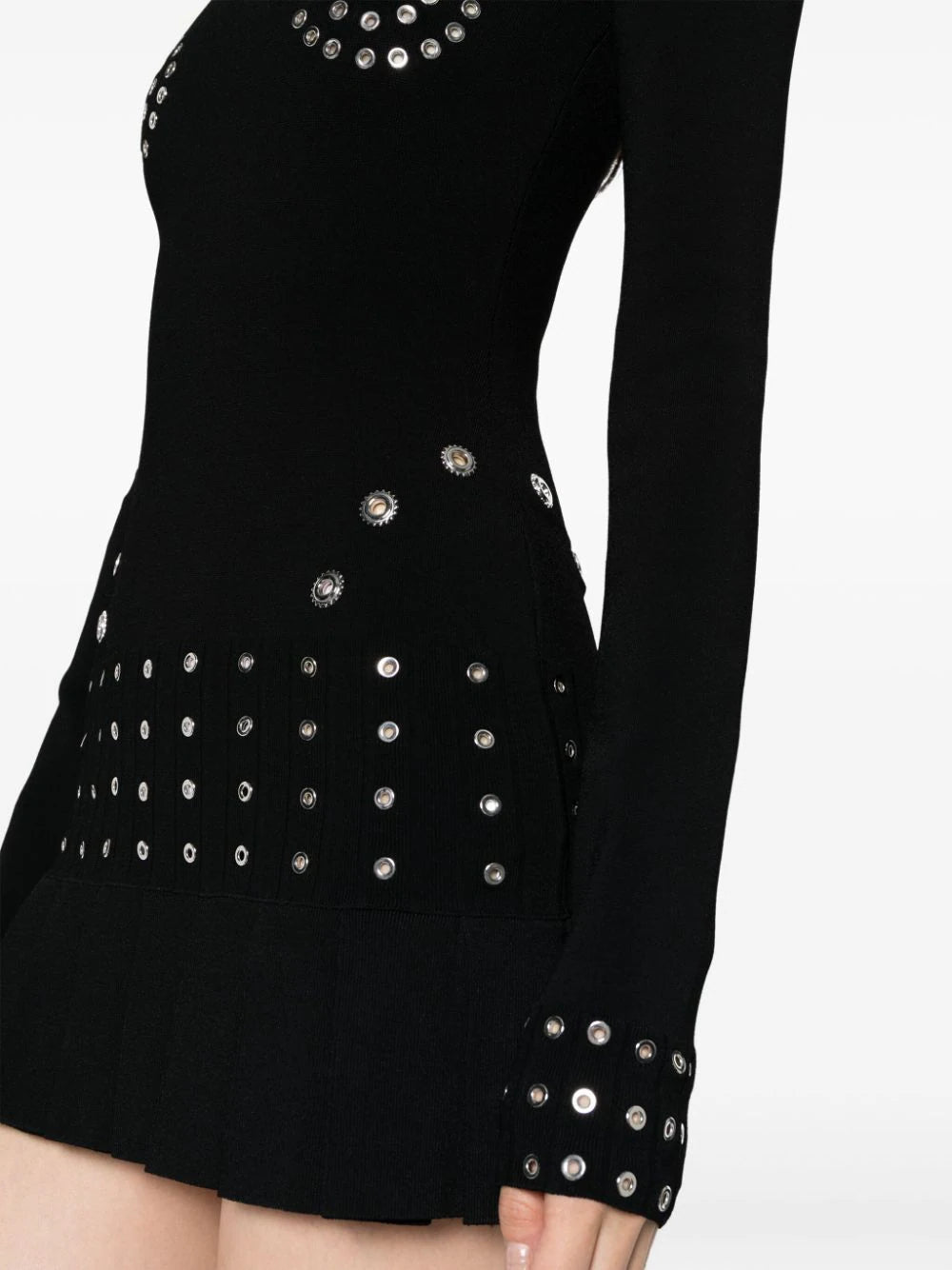 OFF-WHITE WOMEN Eyelet Pleated Mini Dress Black - MAISONDEFASHION.COM