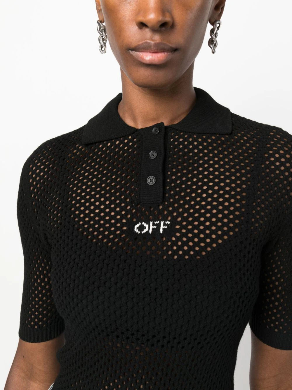 OFF-WHITE WOMEN OFF Stamp Netted Polo Black/White - MAISONDEFASHION.COM