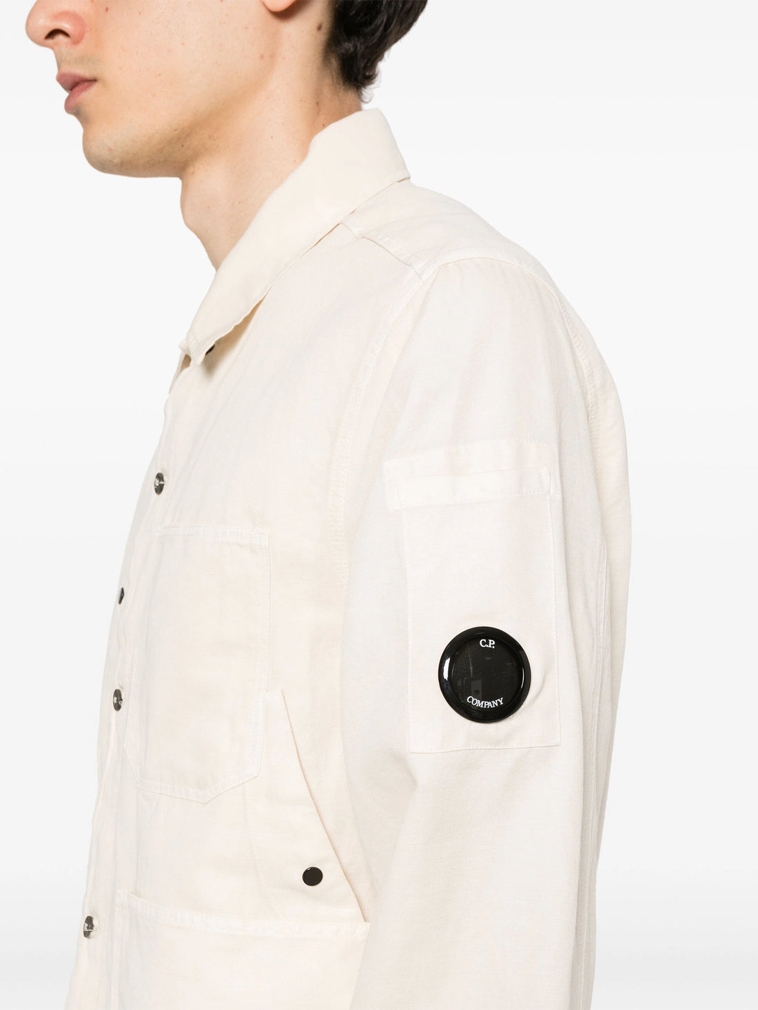 C.P. COMPANY Cotton Linen Button Up Overshirt Beige - MAISONDEFASHION.COM