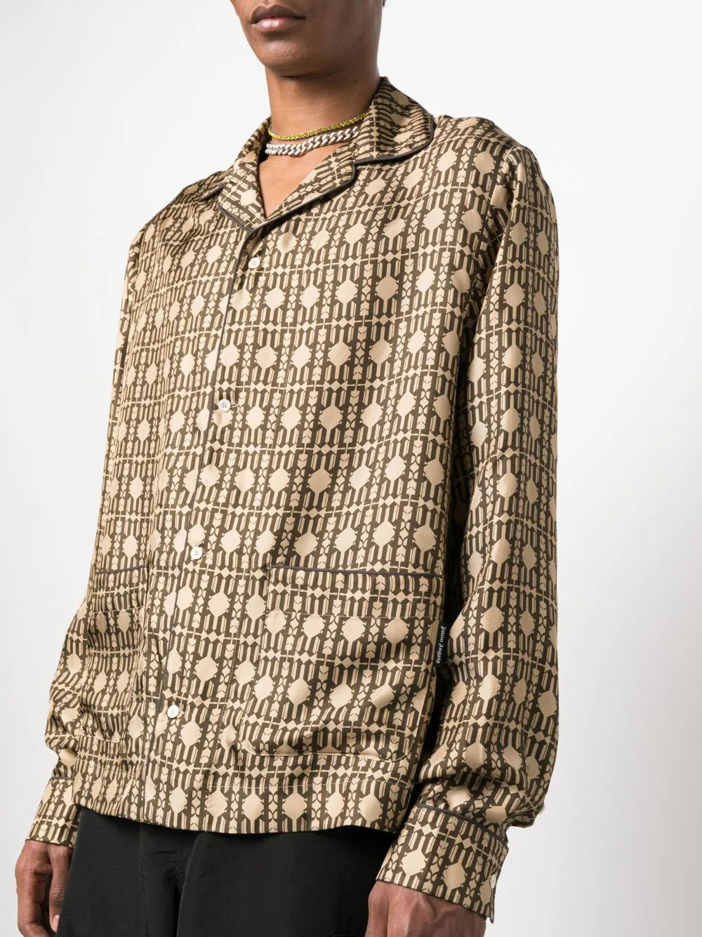 PALM ANGELS MEN Allover Monogram Pajama Shirt Long Sleeves Beige - MAISONDEFASHION.COM