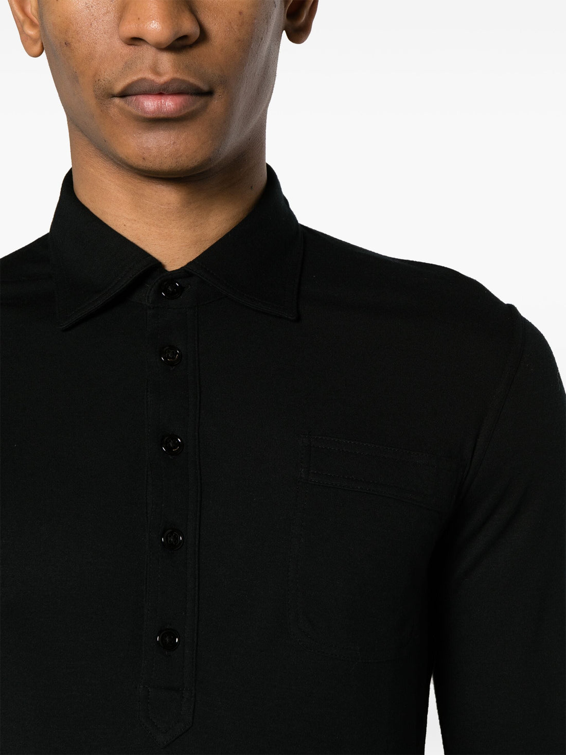TOM FORD Chest Pocket Multi Button Longsleeve Polo Shirt Black - MAISONDEFASHION.COM