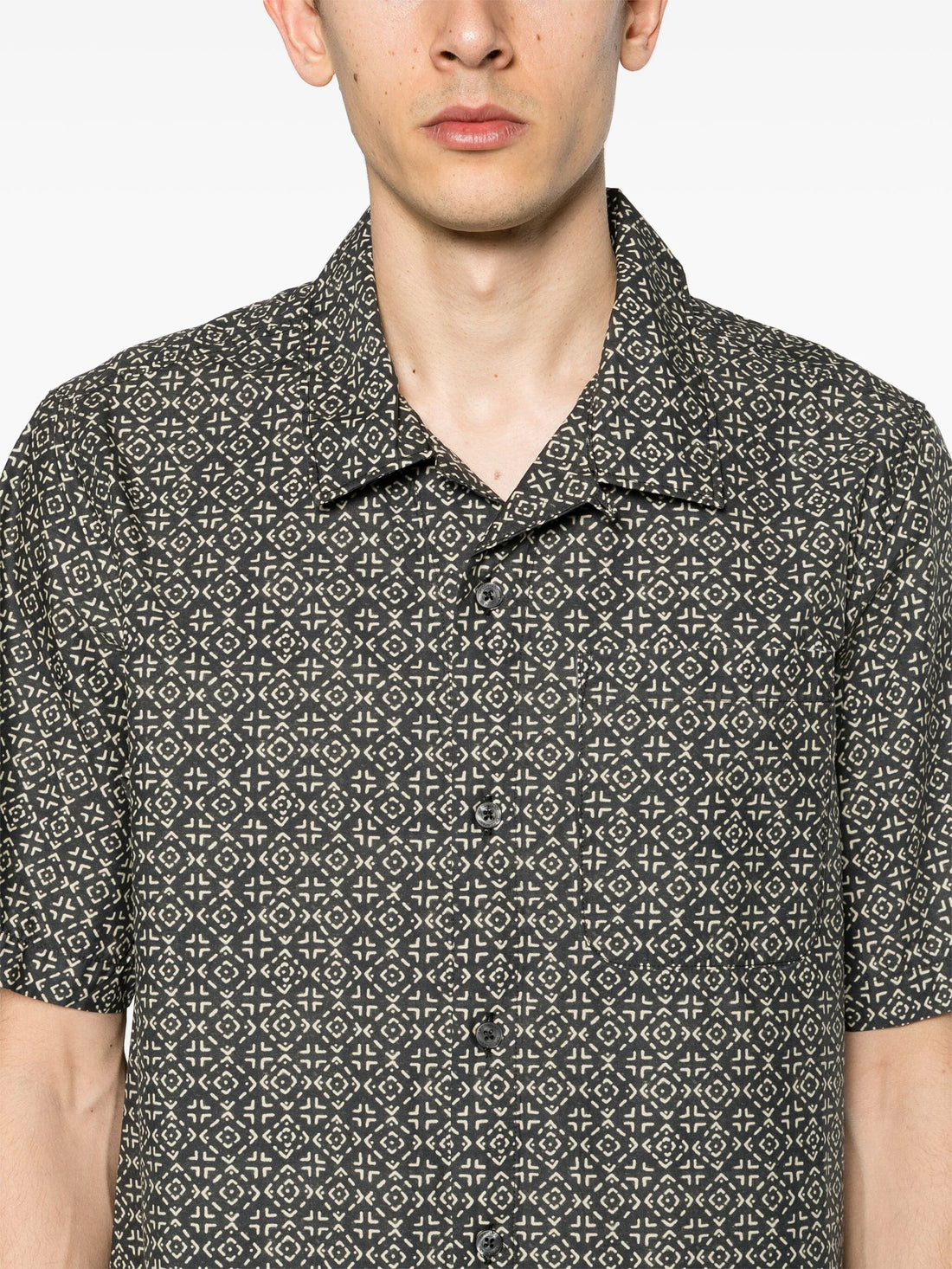 C.P. COMPANY Geometric Print Poplin Short Sleeve Shirt Black/Milk White - MAISONDEFASHION.COM