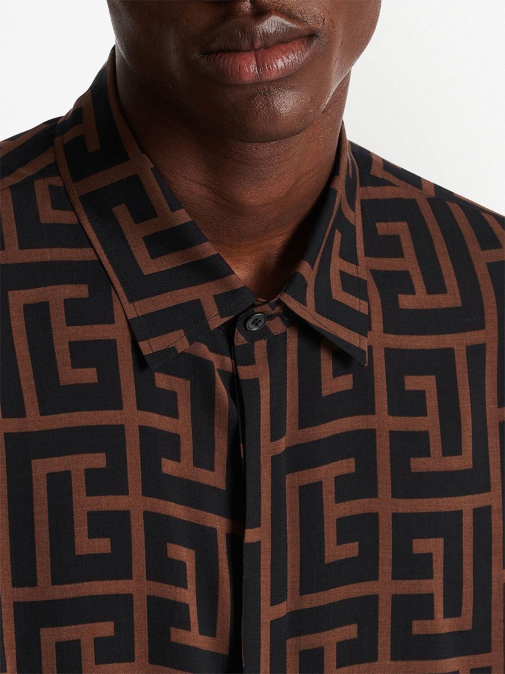BALMAIN MEN Monogram Print LS Shirt Dark Brown/Black - MAISONDEFASHION.COM