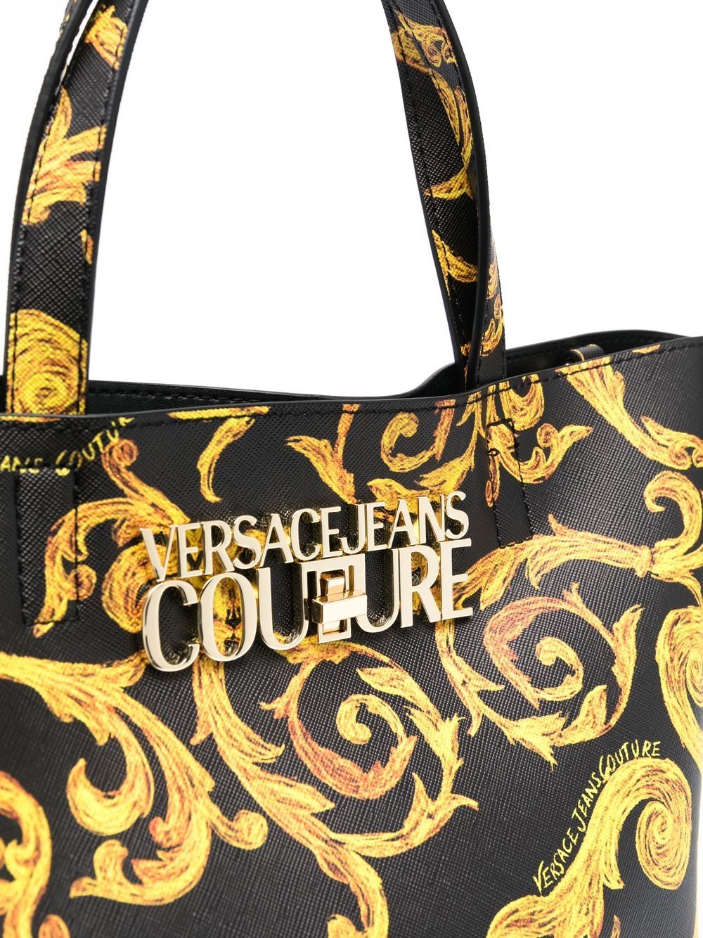 VERSACE WOMEN Baroque Logo Plaque Tote Bag Black/Gold - MAISONDEFASHION.COM