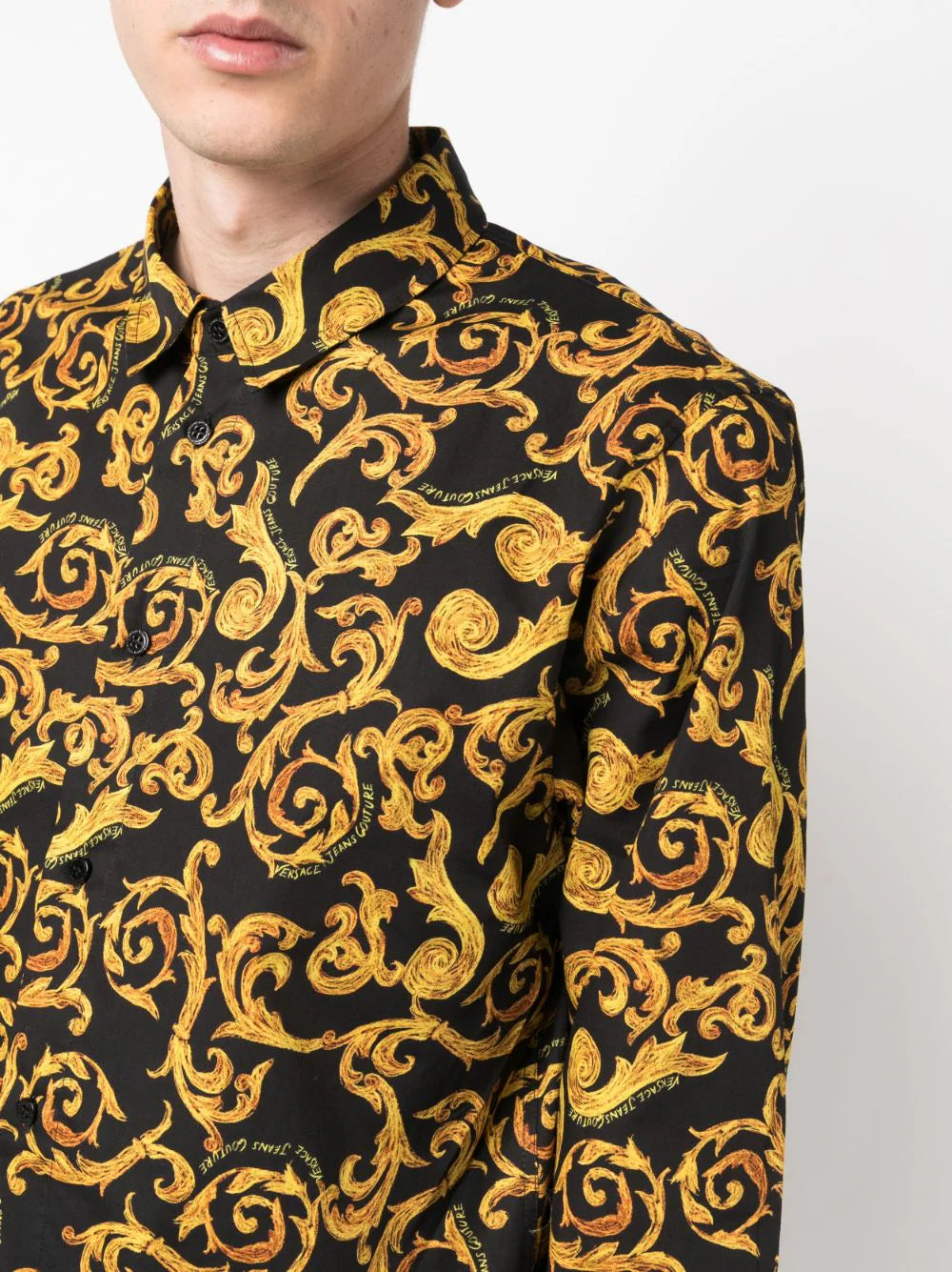VERSACE MEN Baroque Pattern Print Cotton Long Sleeve Shirt Black/Gold - MAISONDEFASHION.COM