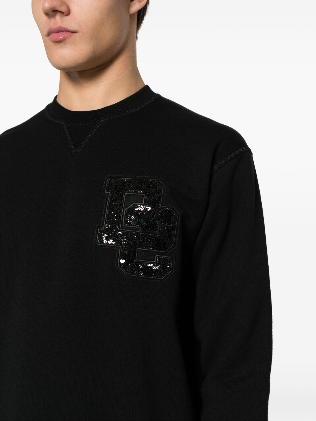 DSQUARED2 Sequin Logo Patch Cotton Sweatshirt Black - MAISONDEFASHION.COM