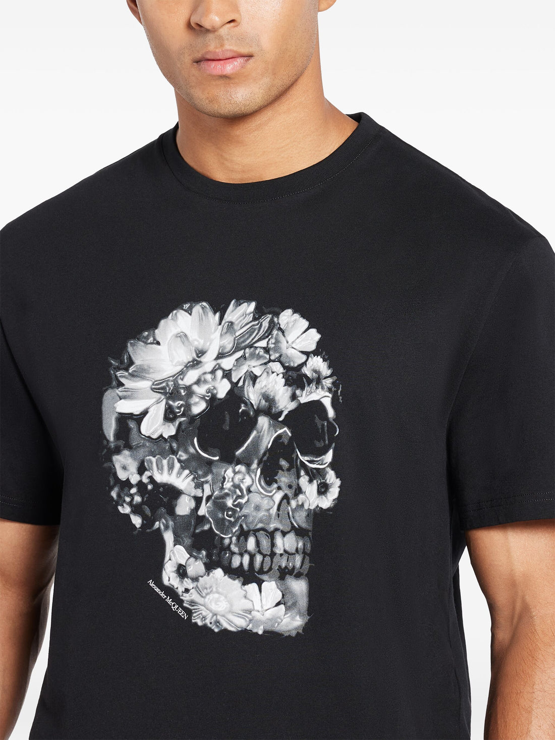 ALEXANDER MCQUEEN Floral Skull Print Cotton T-Shirt Black/White