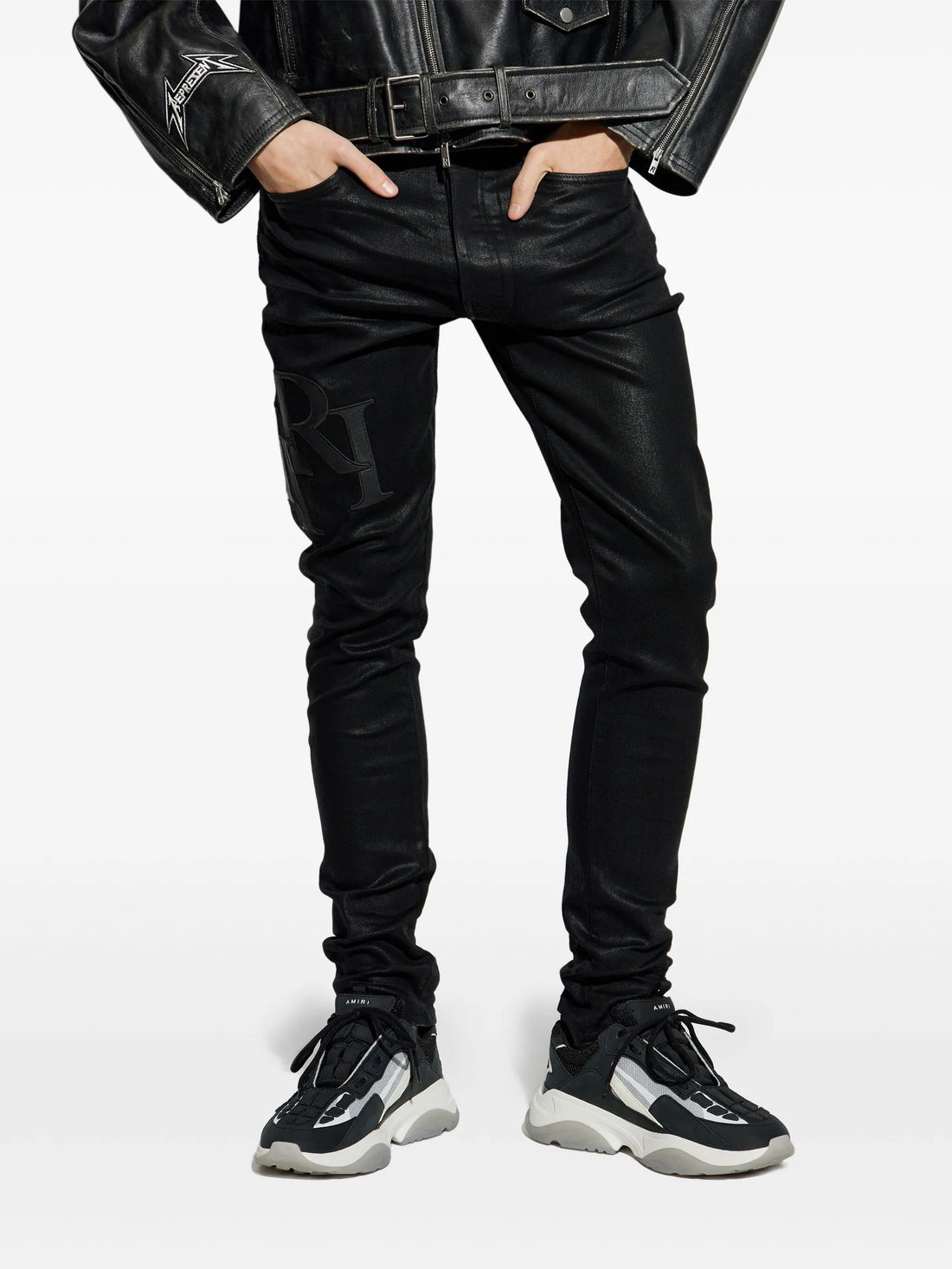 AMIRI Waxed Staggered Logo Skinny Jeans Black