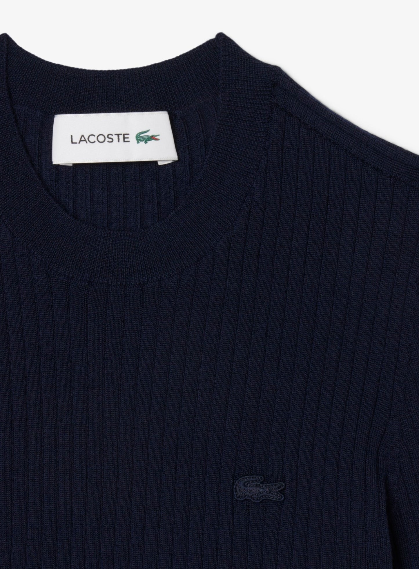 LACOSTE WOMEN Short Sleeved Merino Wool Rib Knit Sweater Midnight
