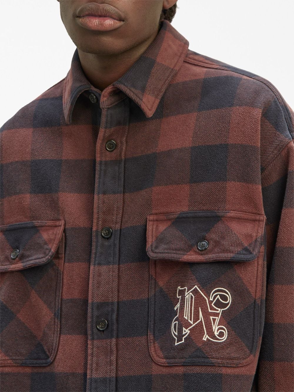 PALM ANGELS MEN PA Monogram Check Overshirt Brown - MAISONDEFASHION.COM