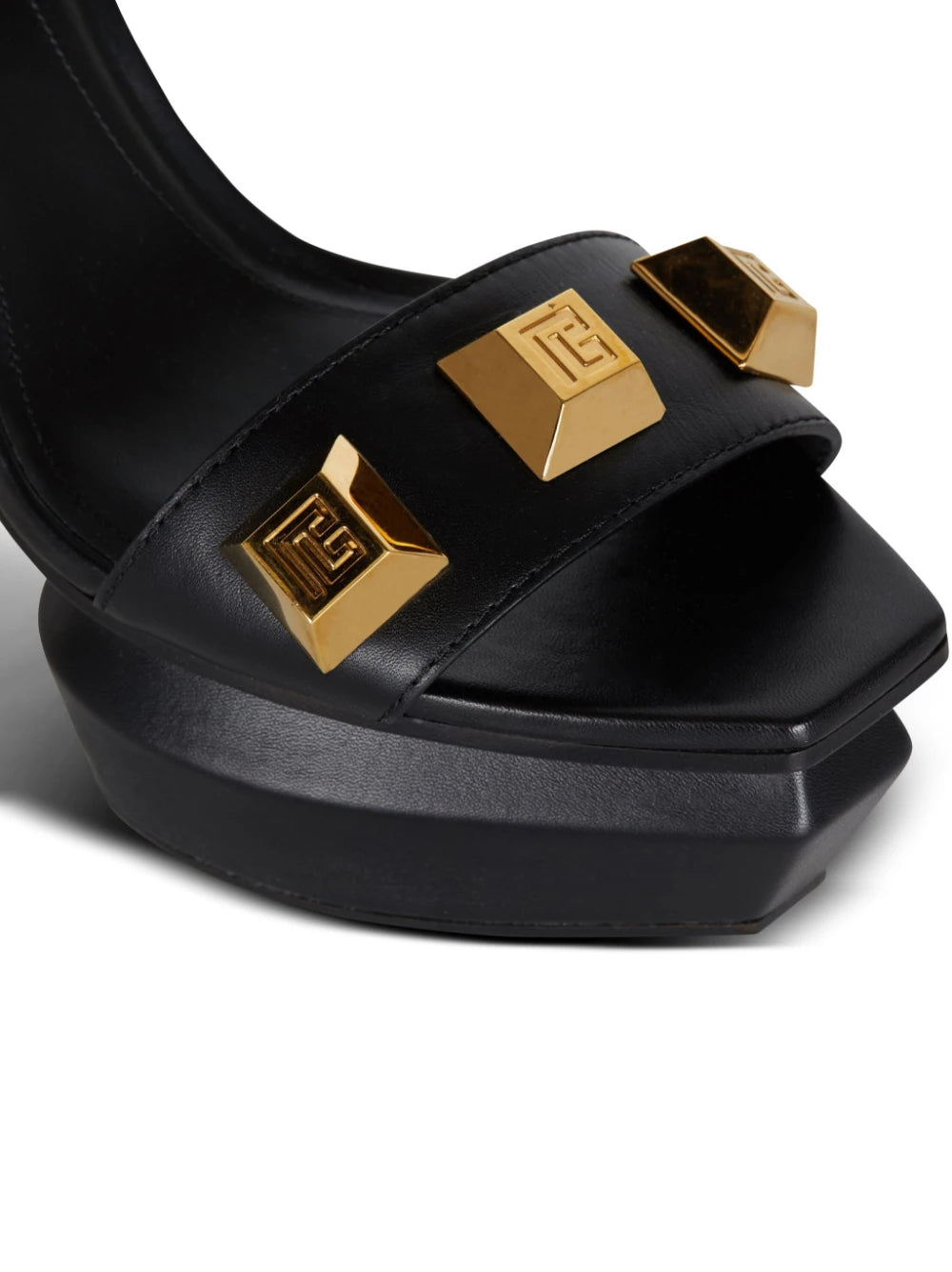 BALMAIN WOMEN Platform Sandals AVA Calfskin/Studs Black/Gold - MAISONDEFASHION.COM