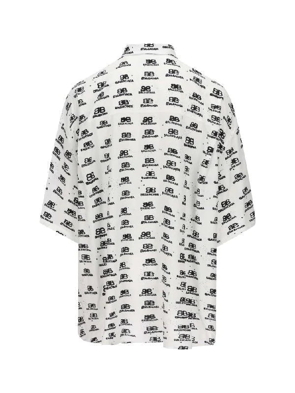 BALENCIAGA  Oversize Shirt In Viscose With Logo Print White Black - MAISONDEFASHION.COM