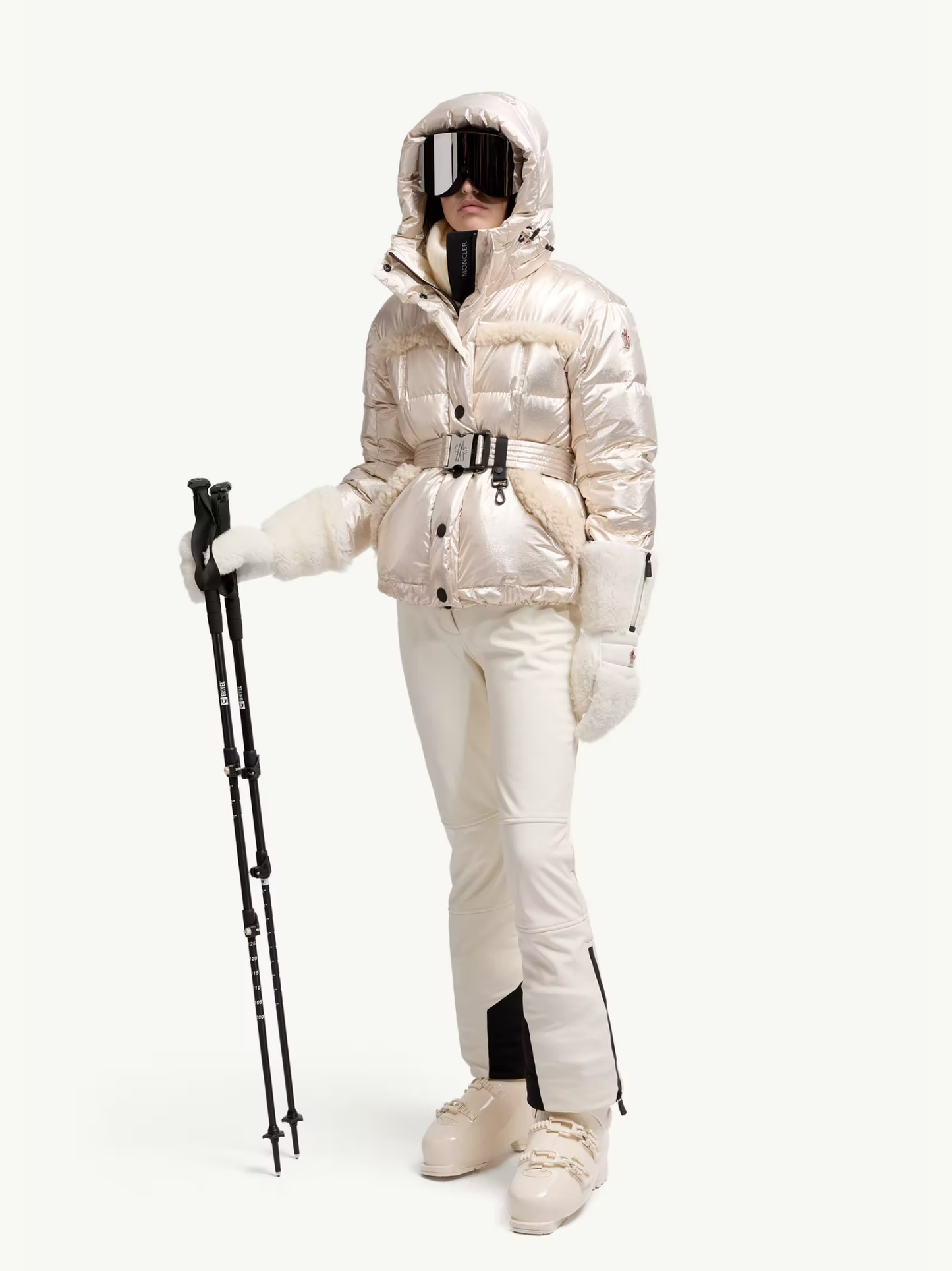 MONCLER GRENOBLE WOMEN Mondim Metallic Shearling-Trimmed Hooded Insulated Ski Jacket Pale Gold - MAISONDEFASHION.COM