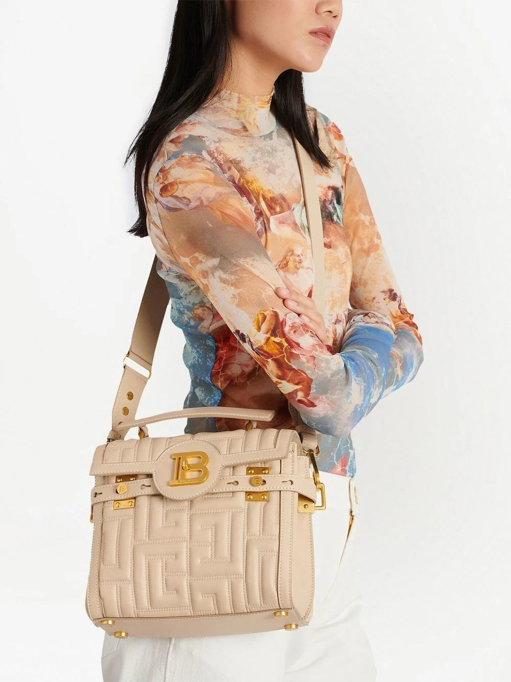 BALMAIN WOMEN BBUZZ 23 Soft Quilted Lamb Skin Flap Bag Sable/Creme - MAISONDEFASHION.COM