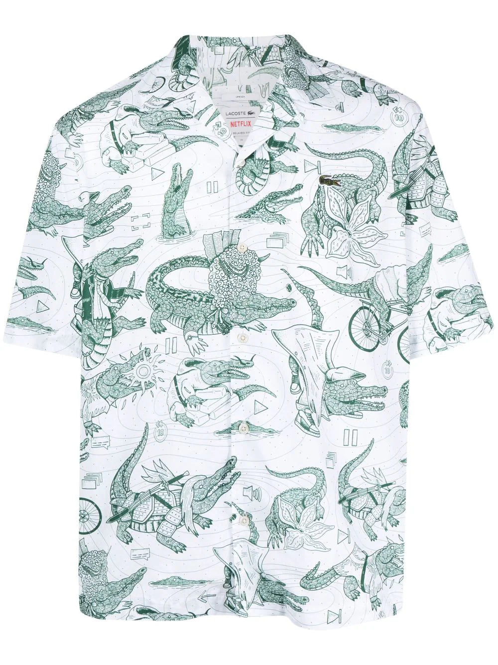 LACOSTE x Netflix Crocodile-print Cotton T-shirt Green/White - MAISONDEFASHION.COM