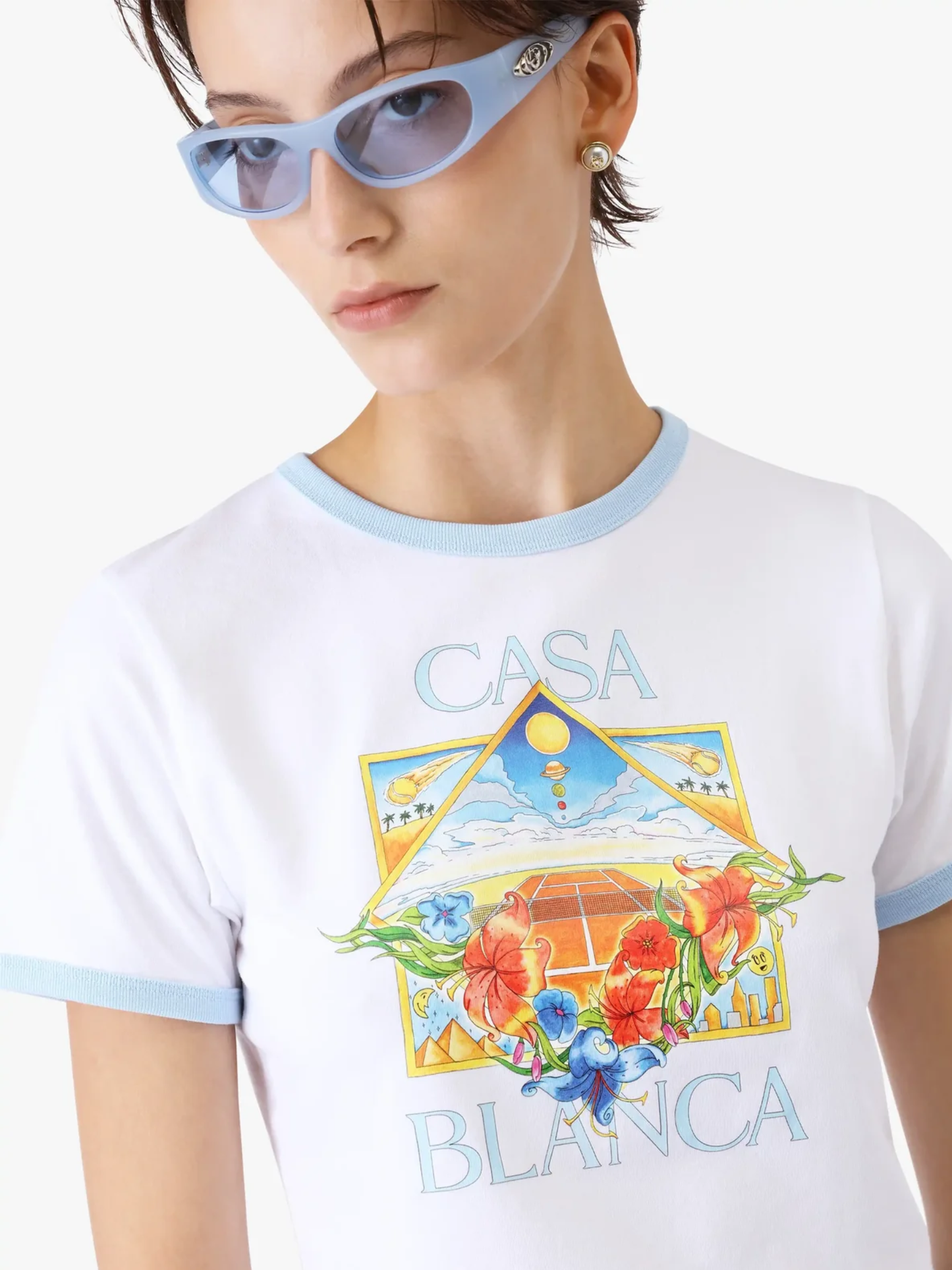 CASABLANCA WOMEN Tennis Landscape Ringer Baby Short Sleeve T‑Shirt