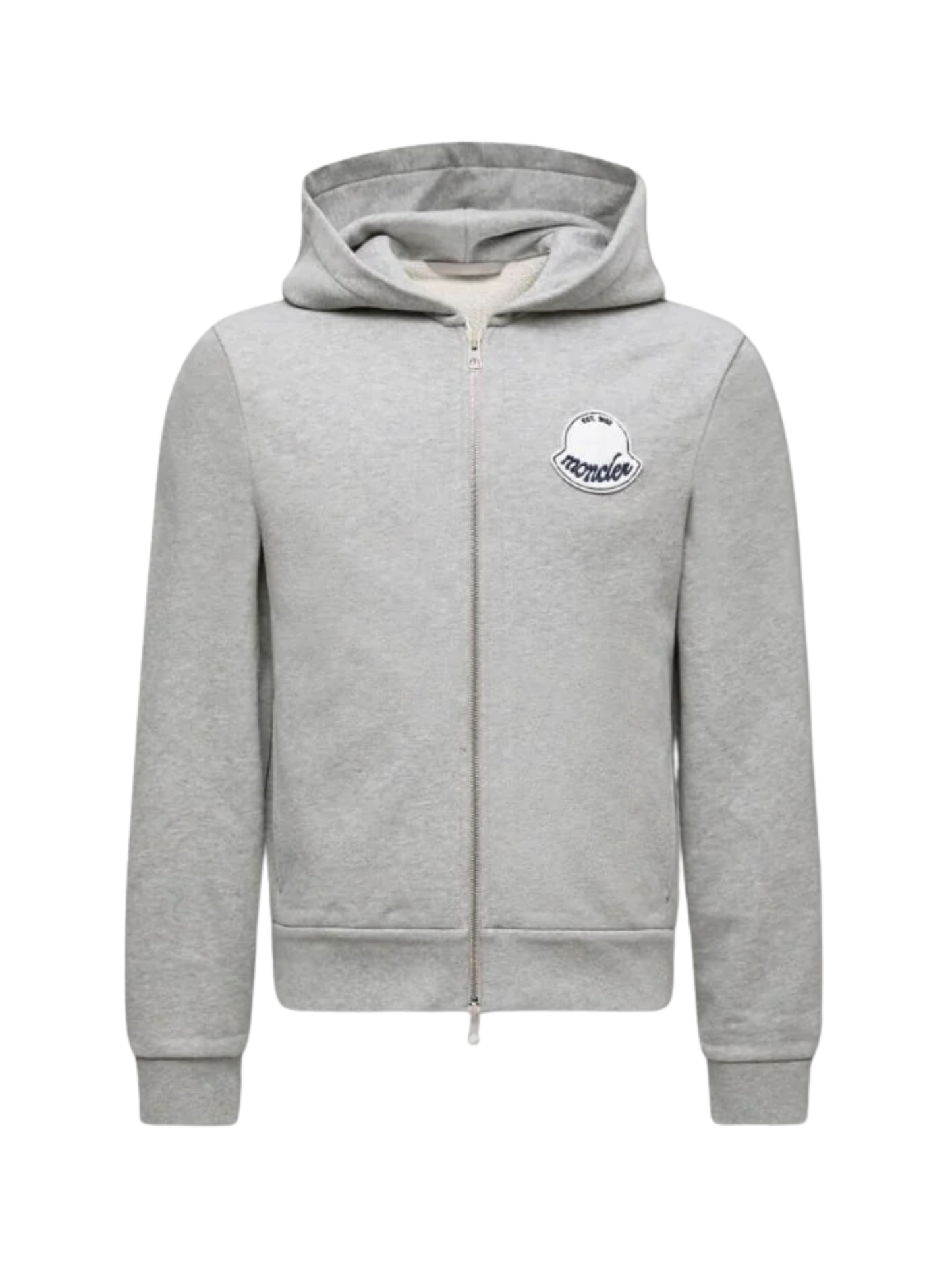 MONCLER Textured Logo Patch Zip-Up Hoodie Grey - MAISONDEFASHION.COM