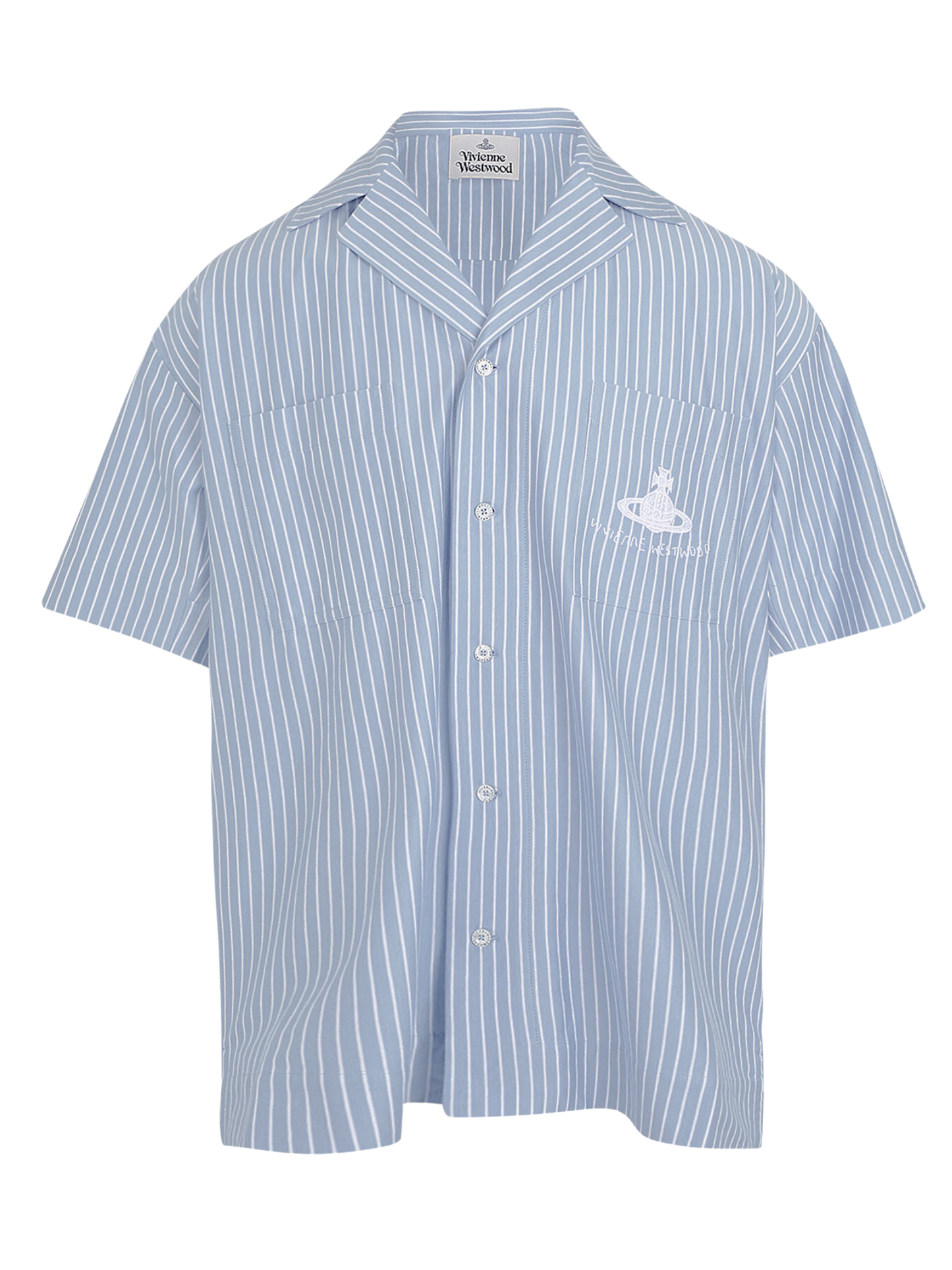 Vivienne Westwood Striped Camp Shirt in blue and white - front view showing classic striped pattern and camp collar