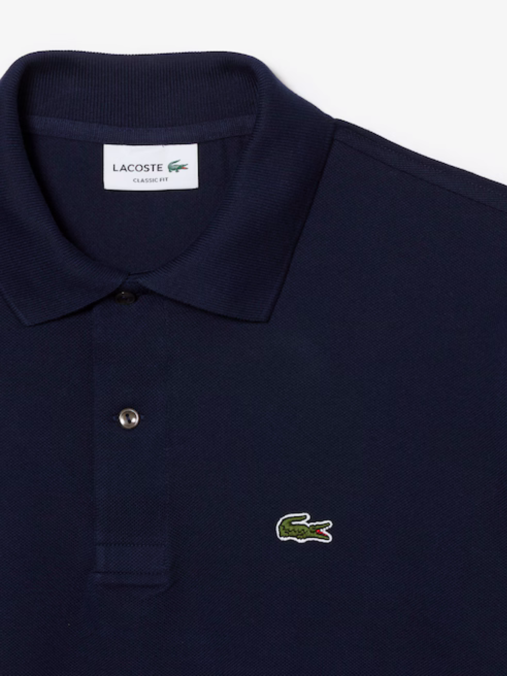 Navy blue Lacoste polo shirt with logo on a white background