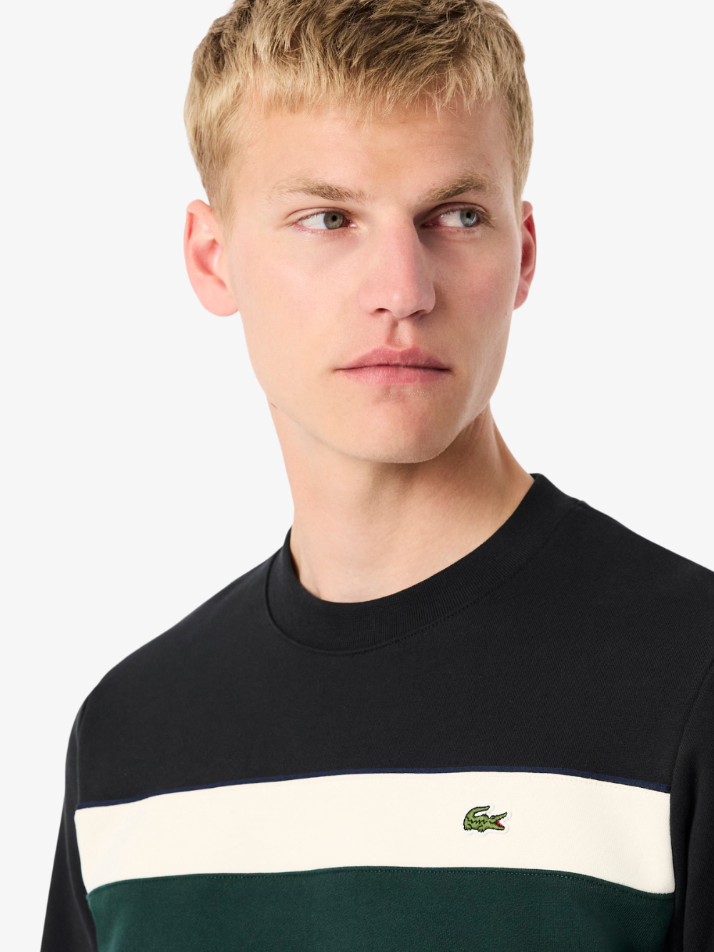 LACOSTE Colour-Block Fleece Sweatshirt - detail shot of the crocodile logo and fabric texture