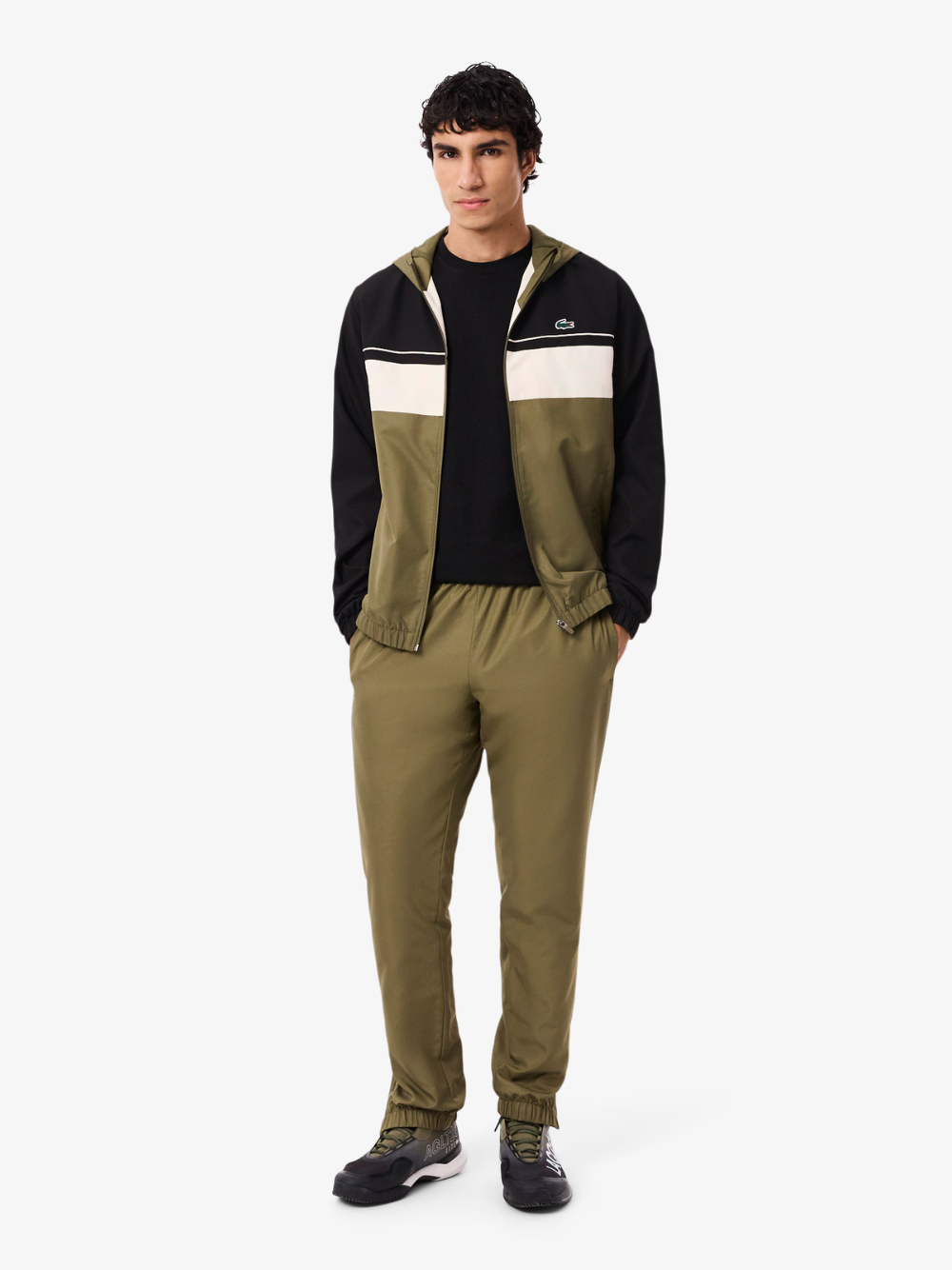 LACOSTE Khaki Green tracksuit - back view displaying diamond taffeta fabric texture and athletic fit