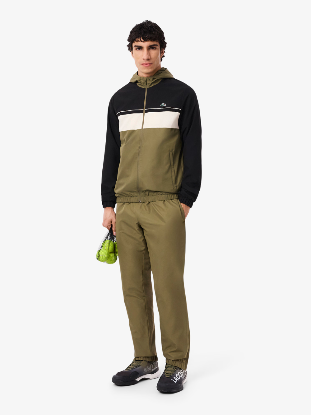 LACOSTE Diamond Taffeta tracksuit in Khaki Green - side profile view showing sporty silhouette and premium construction