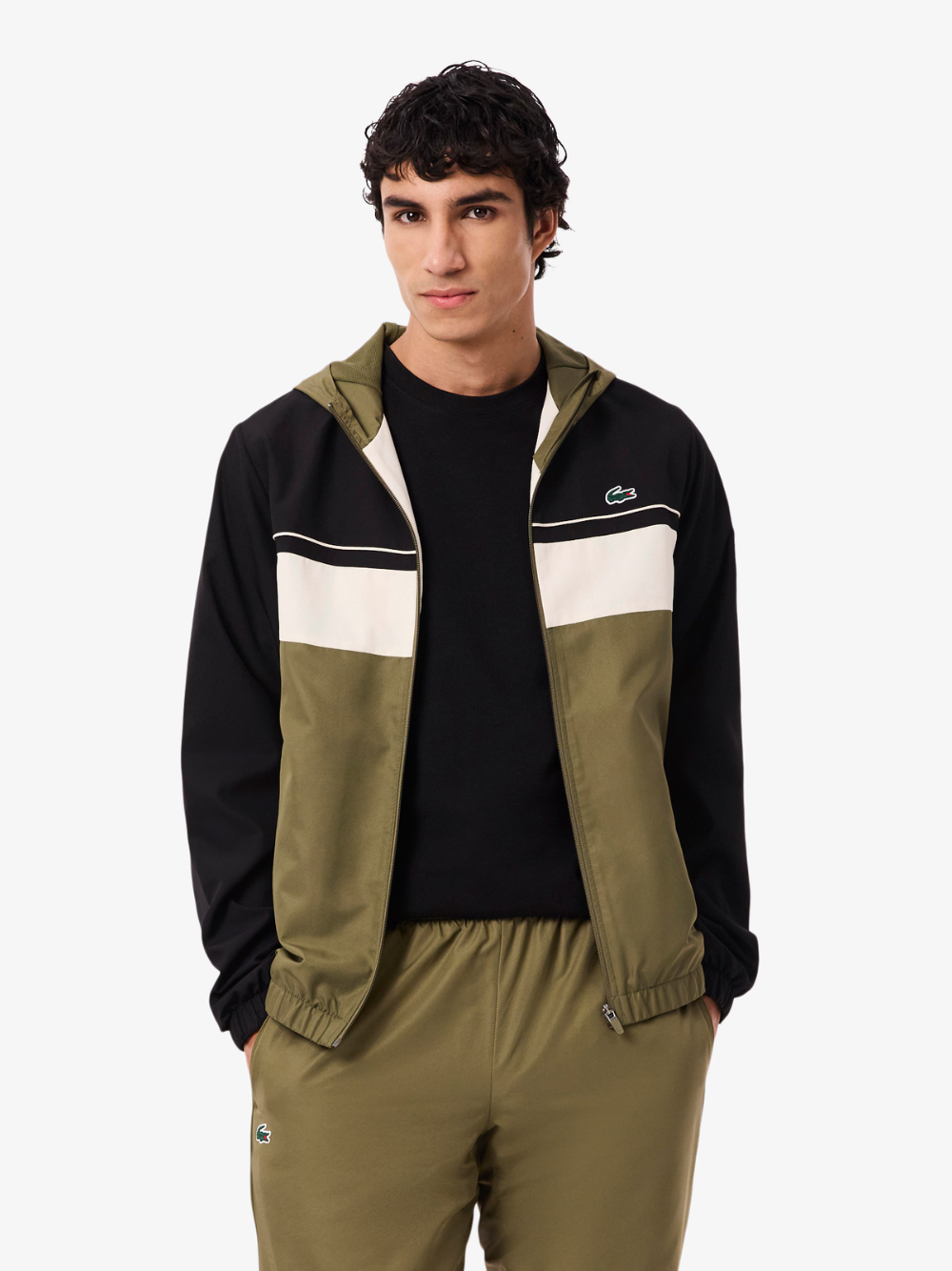 Close-up detail of LACOSTE tracksuit jacket in Khaki Green showing diamond taffeta material and zip closure