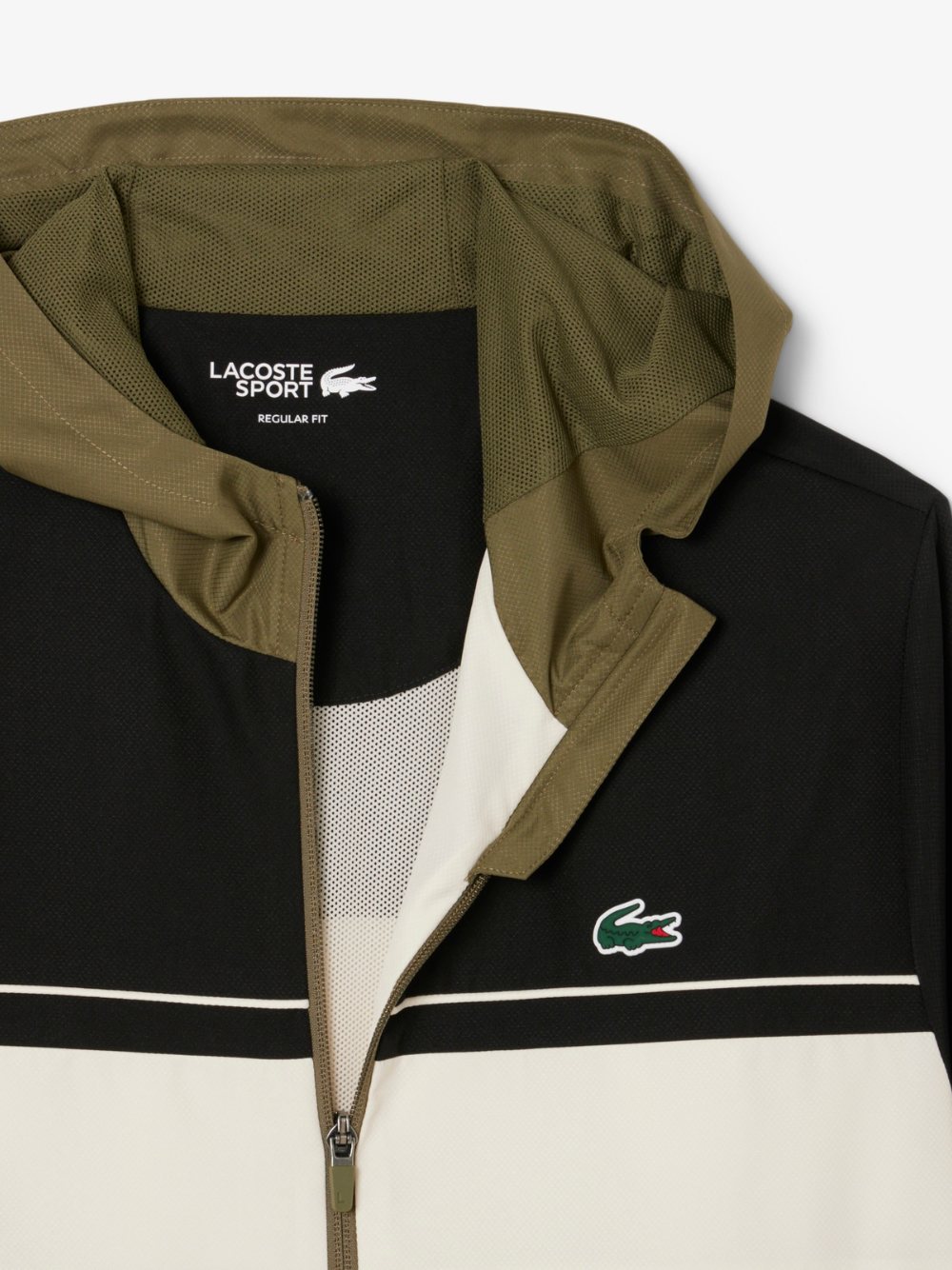 LACOSTE Khaki Green tracksuit jacket - close-up of collar, zipper, and crocodile logo embroidery