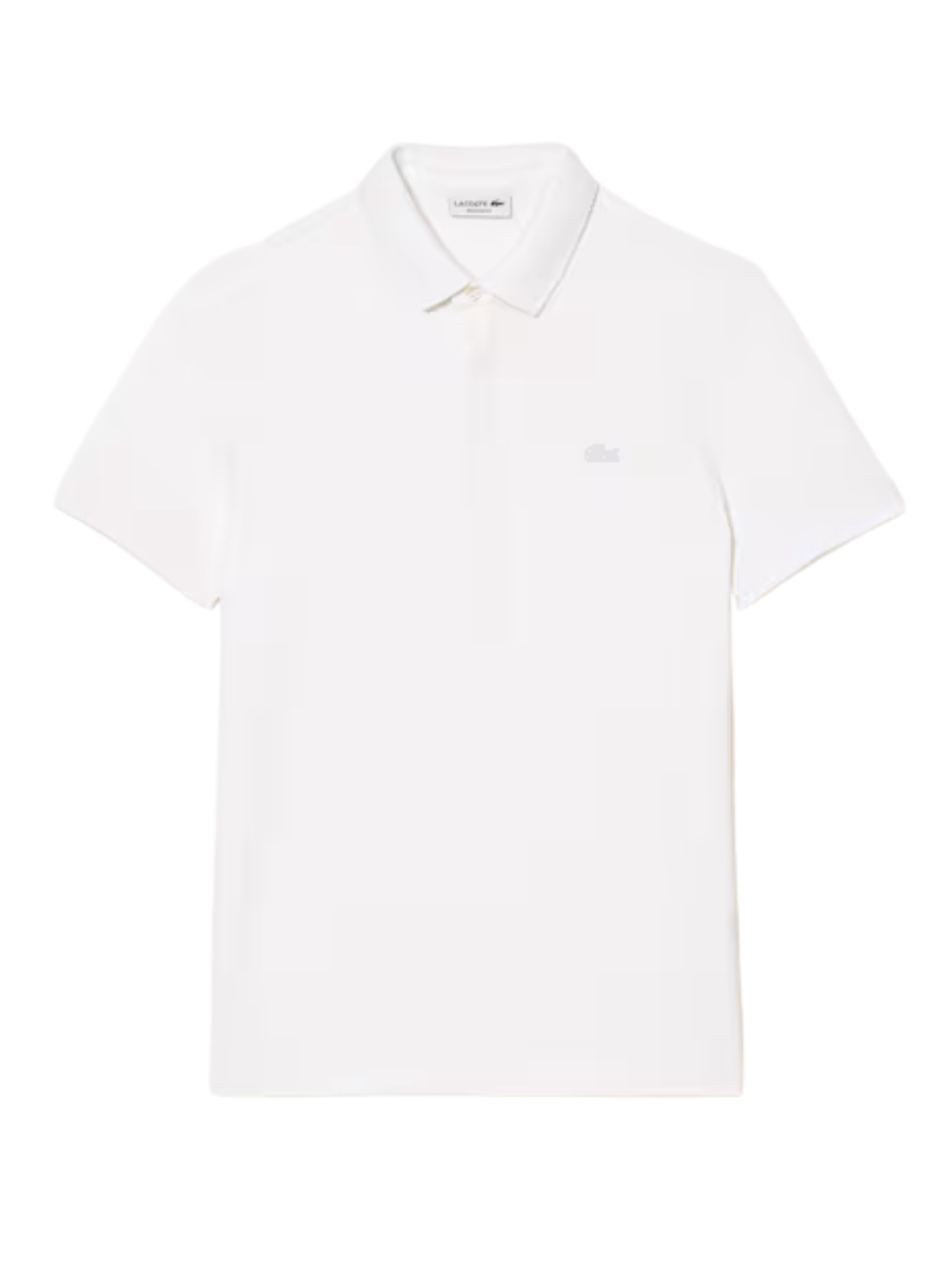 LACOSTE Regular Fit Paris Stretch Piqué Polo Shirt in White - front view showing classic collar and iconic green crocodile logo