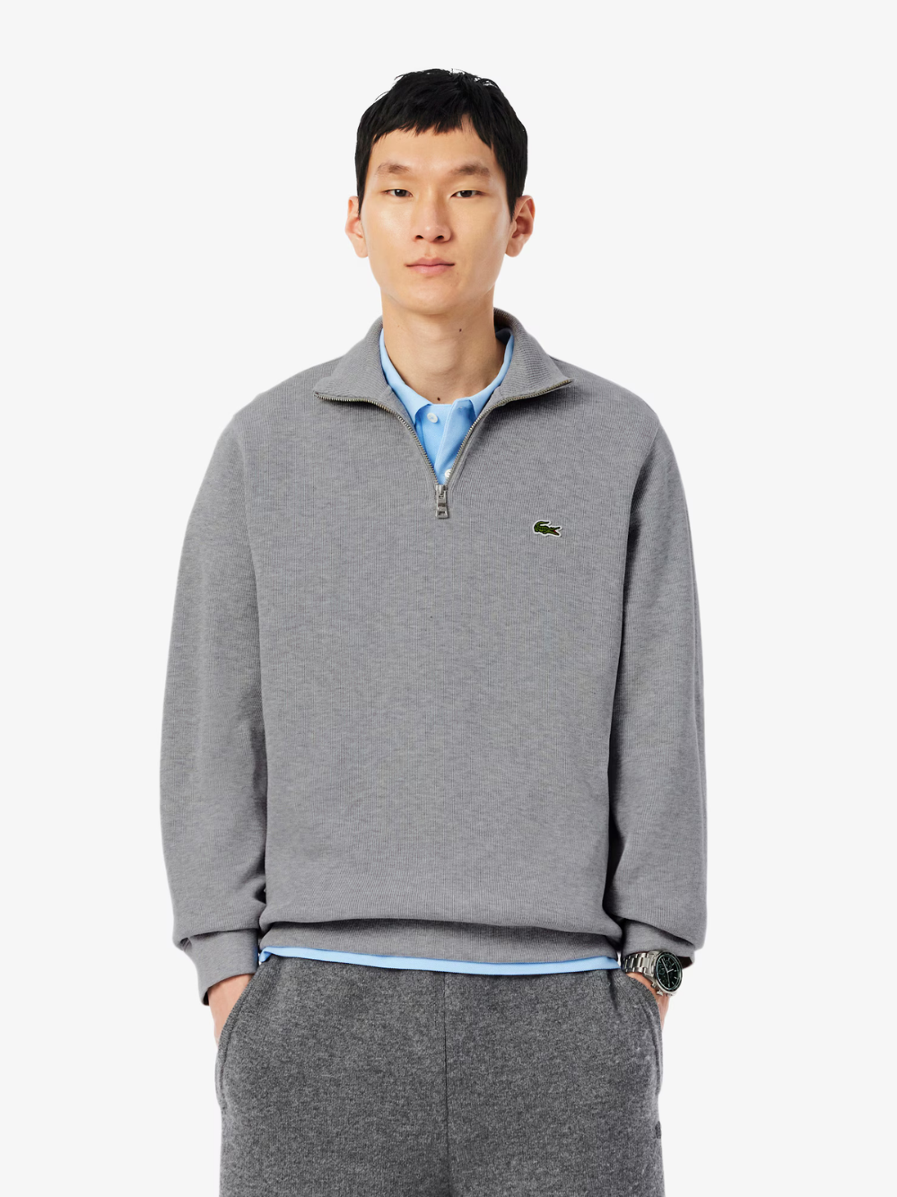 LACOSTE grey high neck interlock sweatshirt back view showing clean design and premium interlock fabric construction