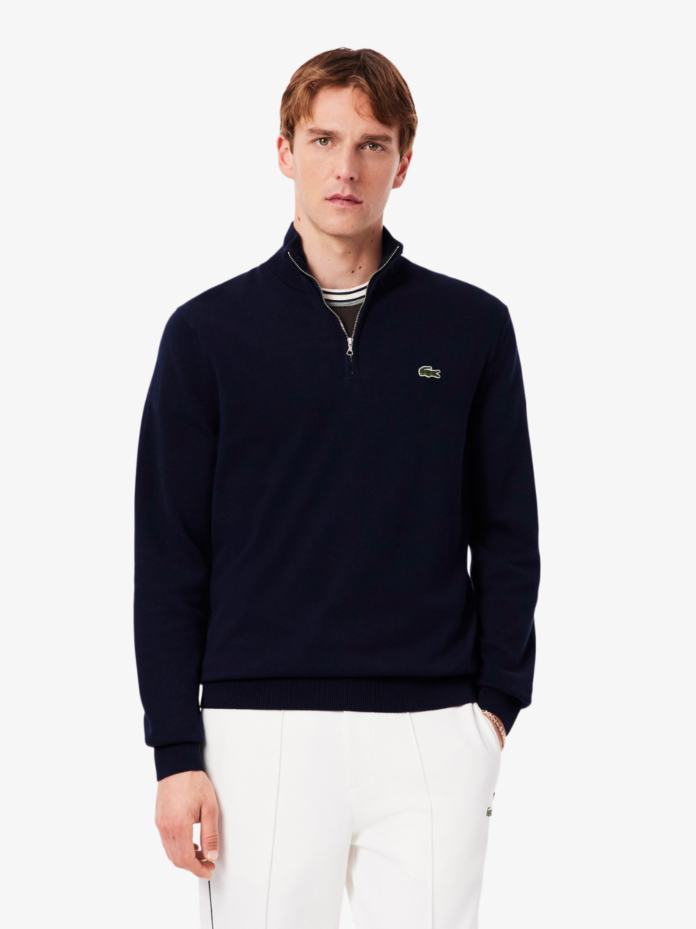 LACOSTE navy zipped high neck cotton sweater back view showing clean design and premium fabric quality