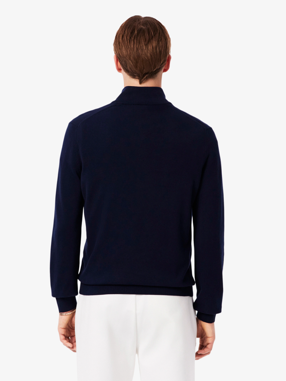 LACOSTE navy high neck cotton sweater lifestyle shot showing fit and styling versatility