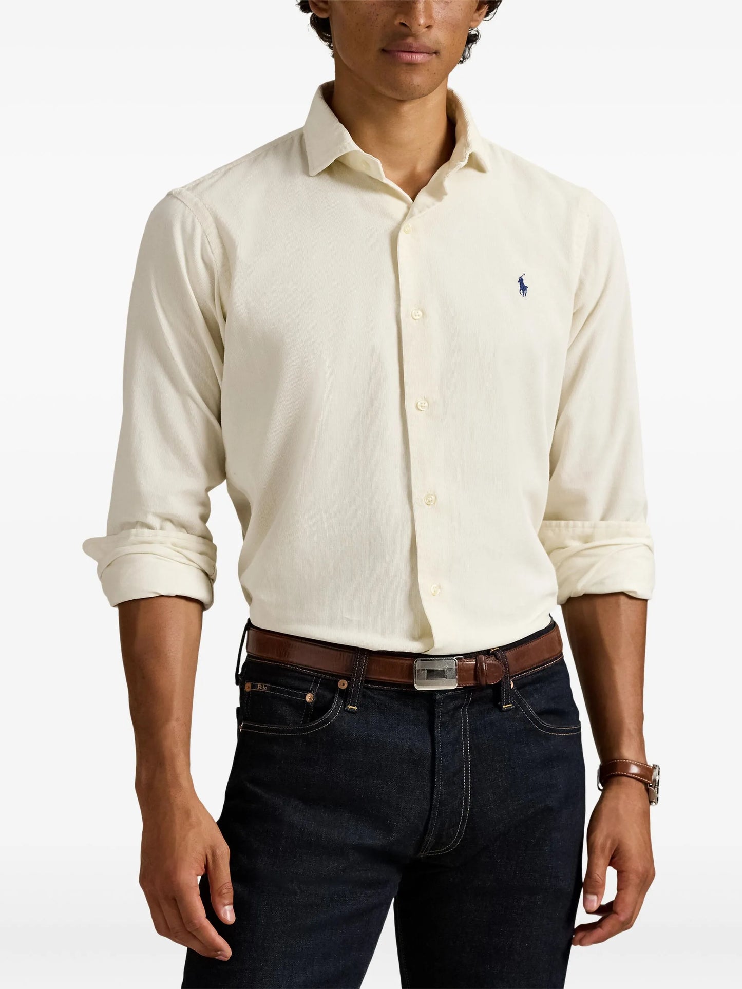 RALPH LAUREN Regular Fit Corduroy Shirt Cream White - side profile view highlighting the comfortable regular fit silhouette