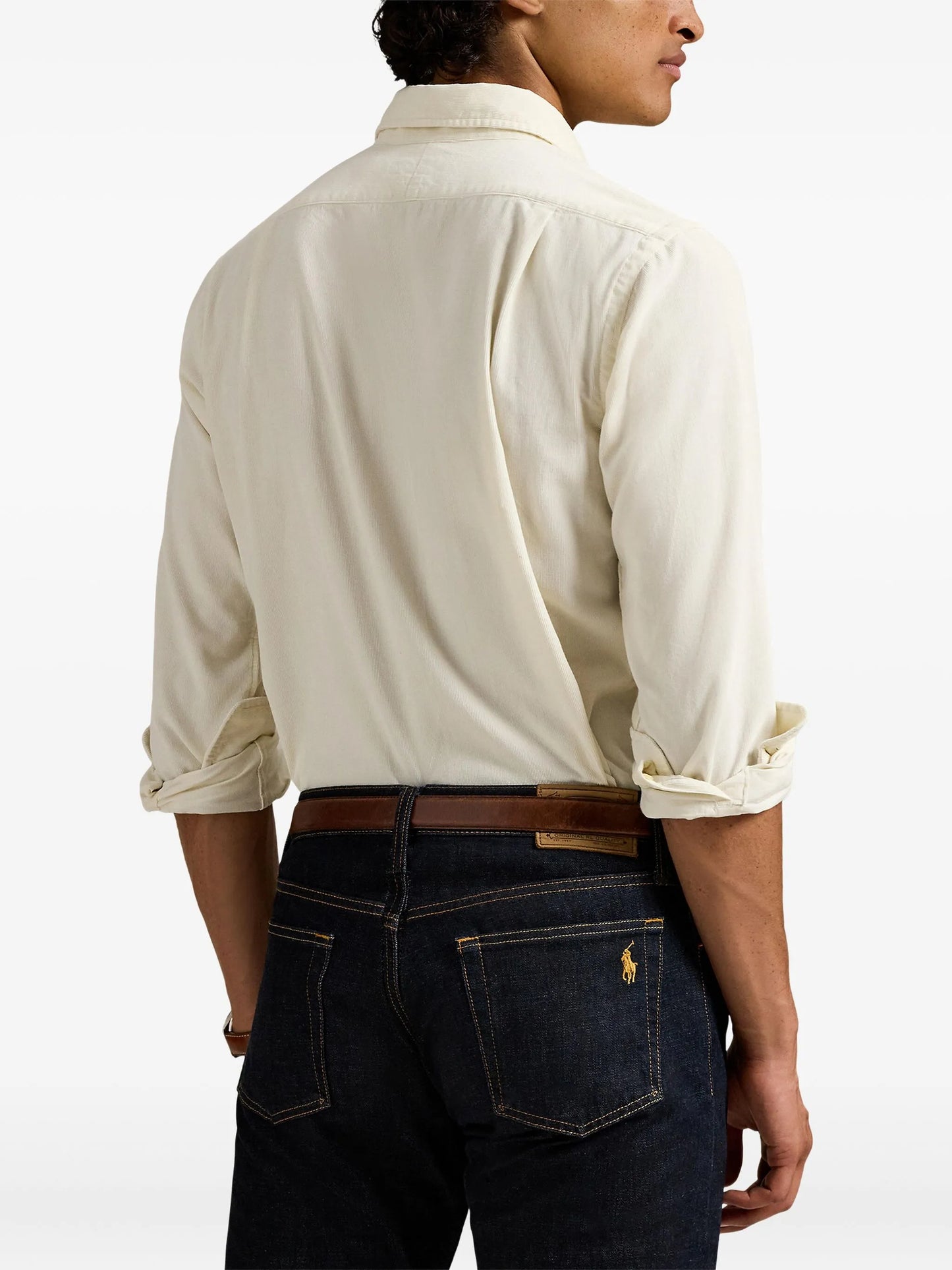 RALPH LAUREN Regular Fit Corduroy Shirt Cream White - close-up detail of corduroy texture and craftsmanship