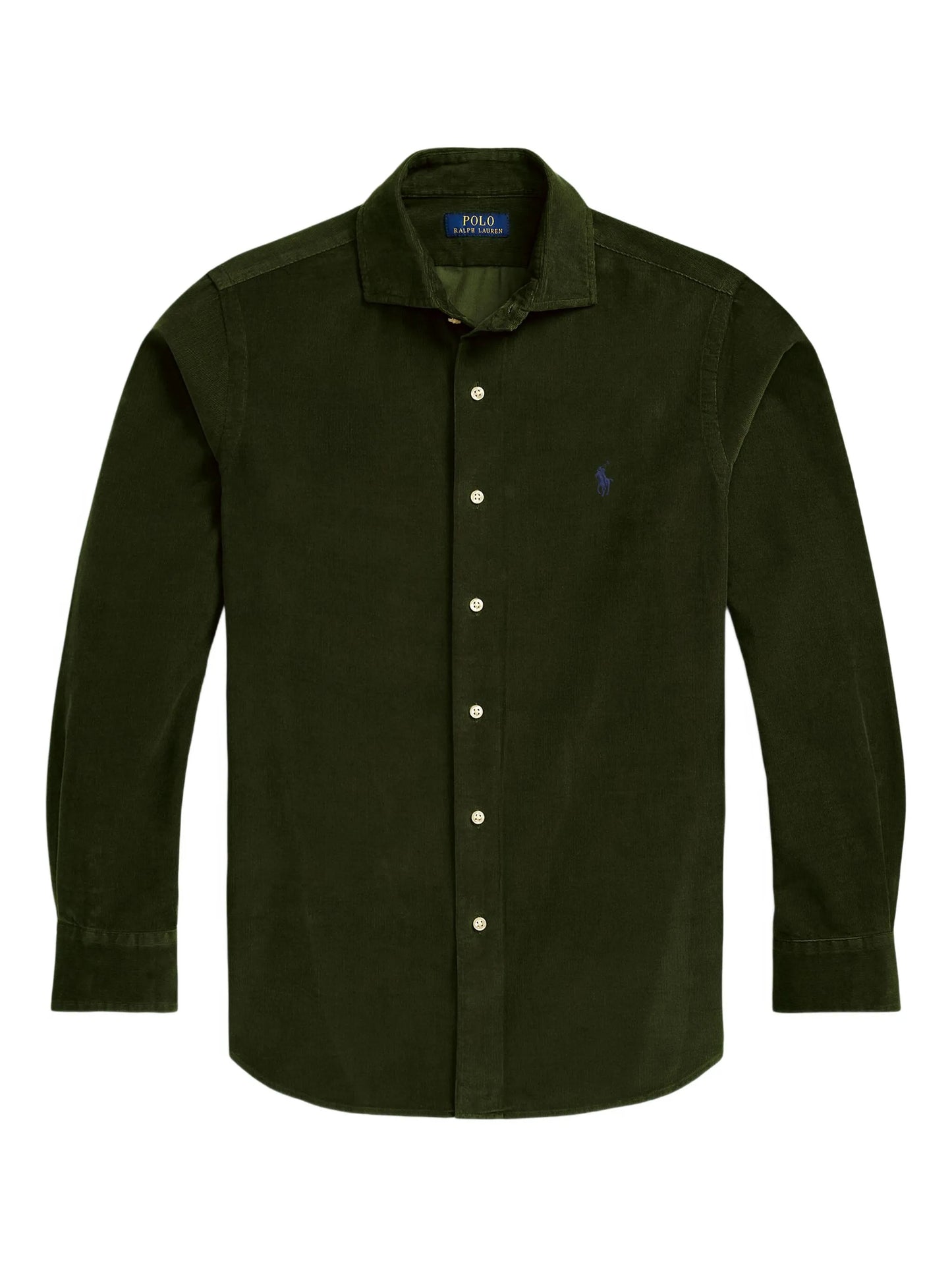 RALPH LAUREN olive green regular fit corduroy shirt front view featuring classic button-up design and premium corduroy fabric