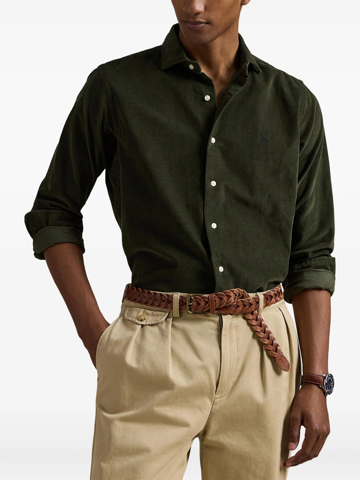RALPH LAUREN olive green regular fit corduroy shirt side profile highlighting classic collar and comfortable fit
