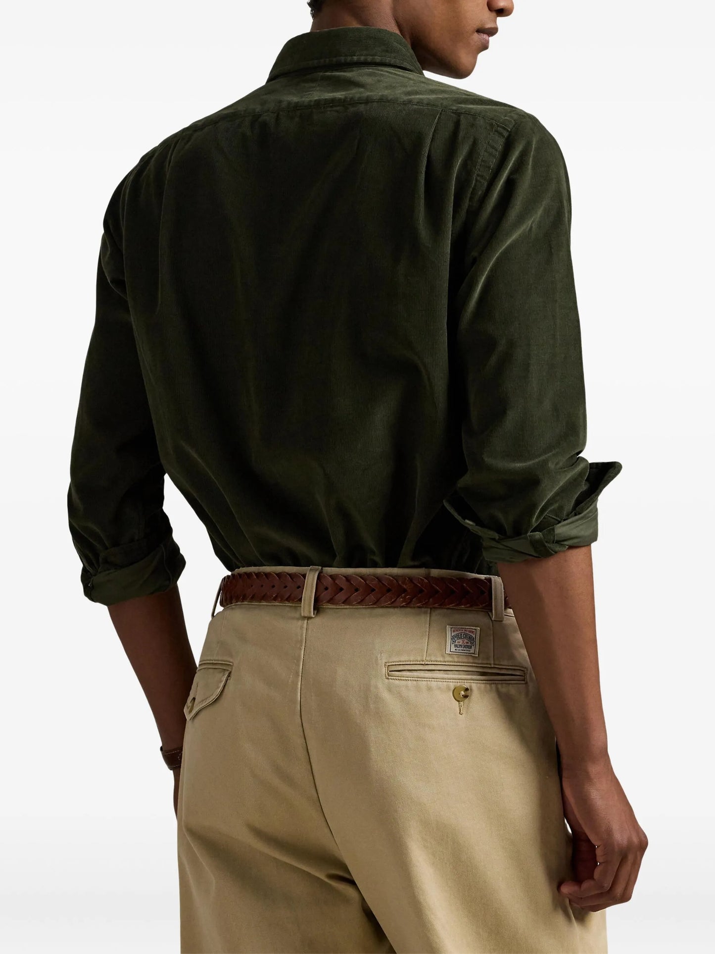 RALPH LAUREN olive green corduroy shirt close-up detail of fabric texture and button closure craftsmanship